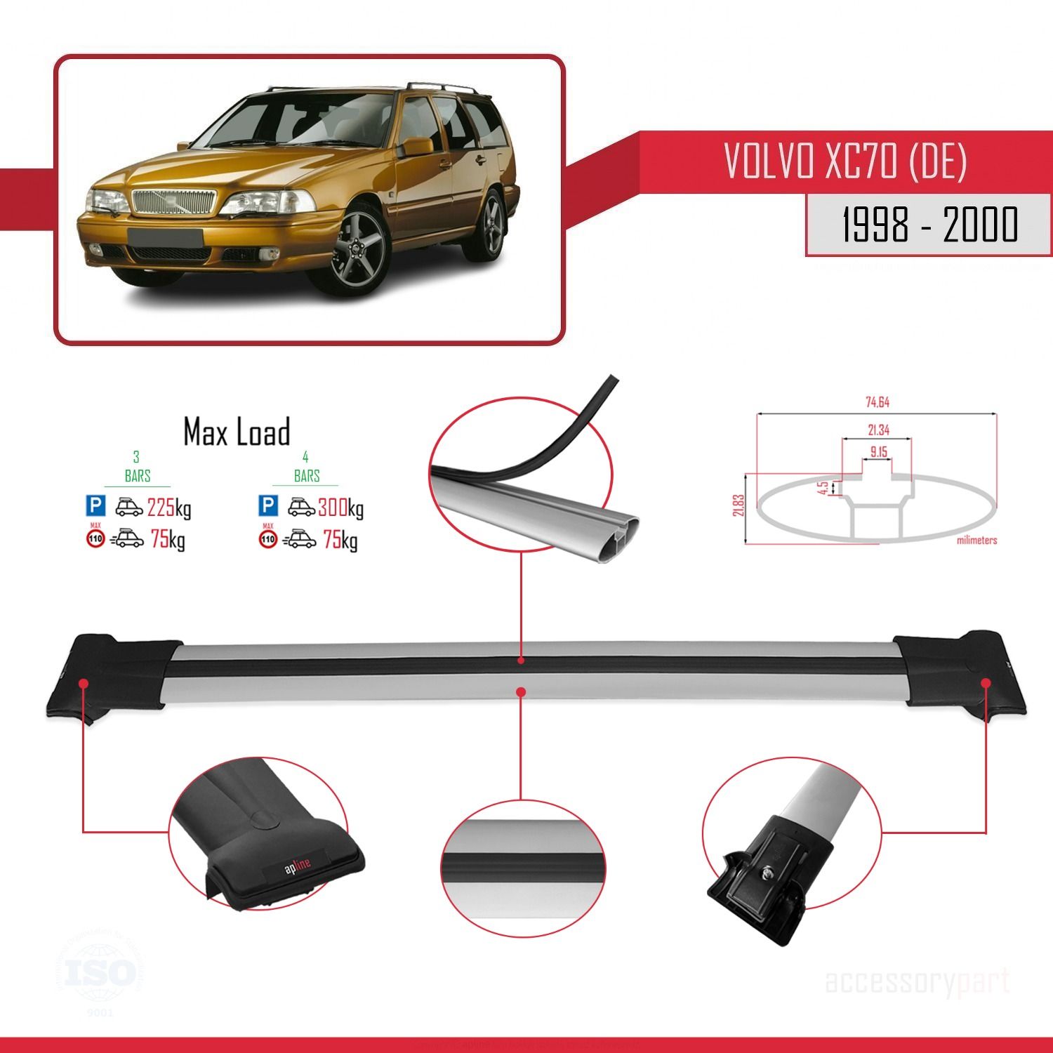 Volvo XC70 (DE) 1998-2000 Arası ile Uyumlu FLY Model Ara Atkı Tavan Barı GRİ 3 ADET BAR