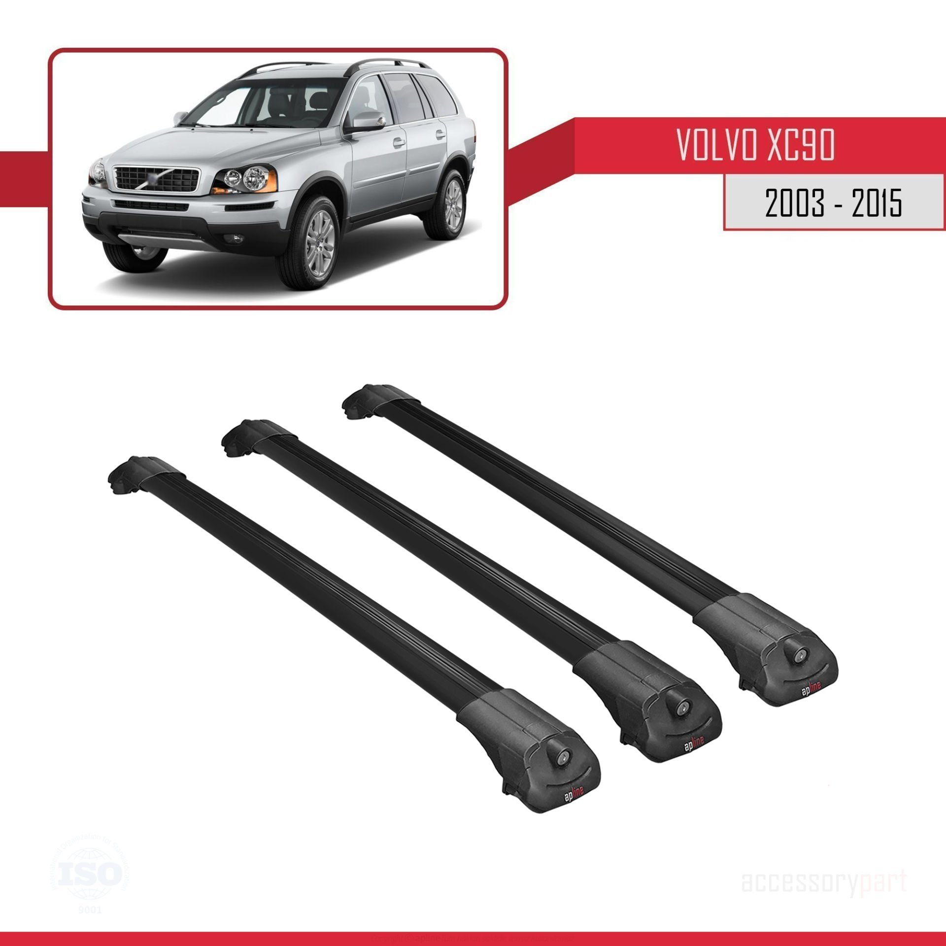 Volvo XC90 2003-2015 Arası ile uyumlu ACE-1 Ara Atkı Tavan Barı SİYAH 3 ADET BAR