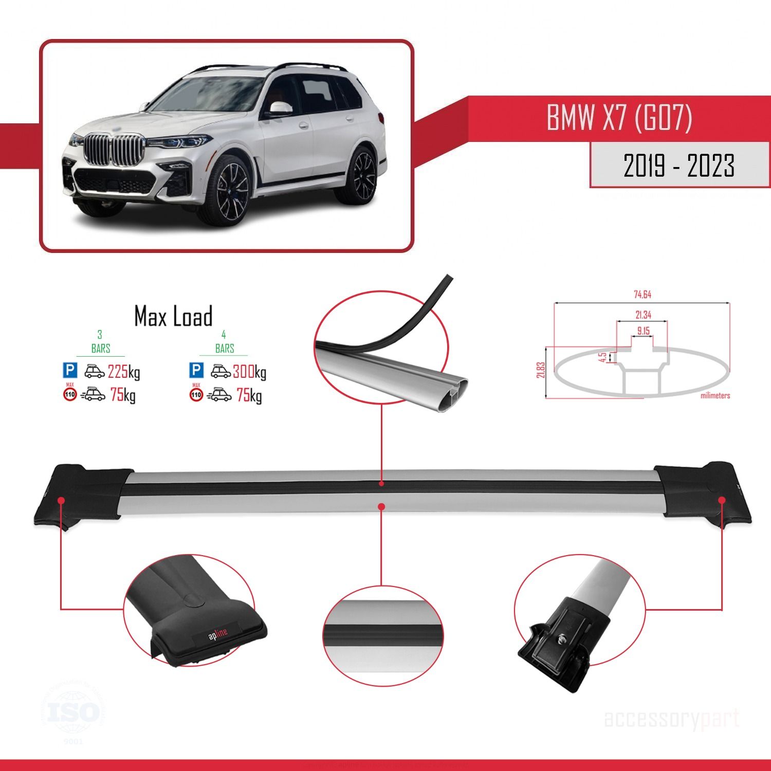BMW X7 (G07) 2019 Arası ile Uyumlu FLY Model Ara Atkı Tavan Barı GRİ 3 ADET BAR