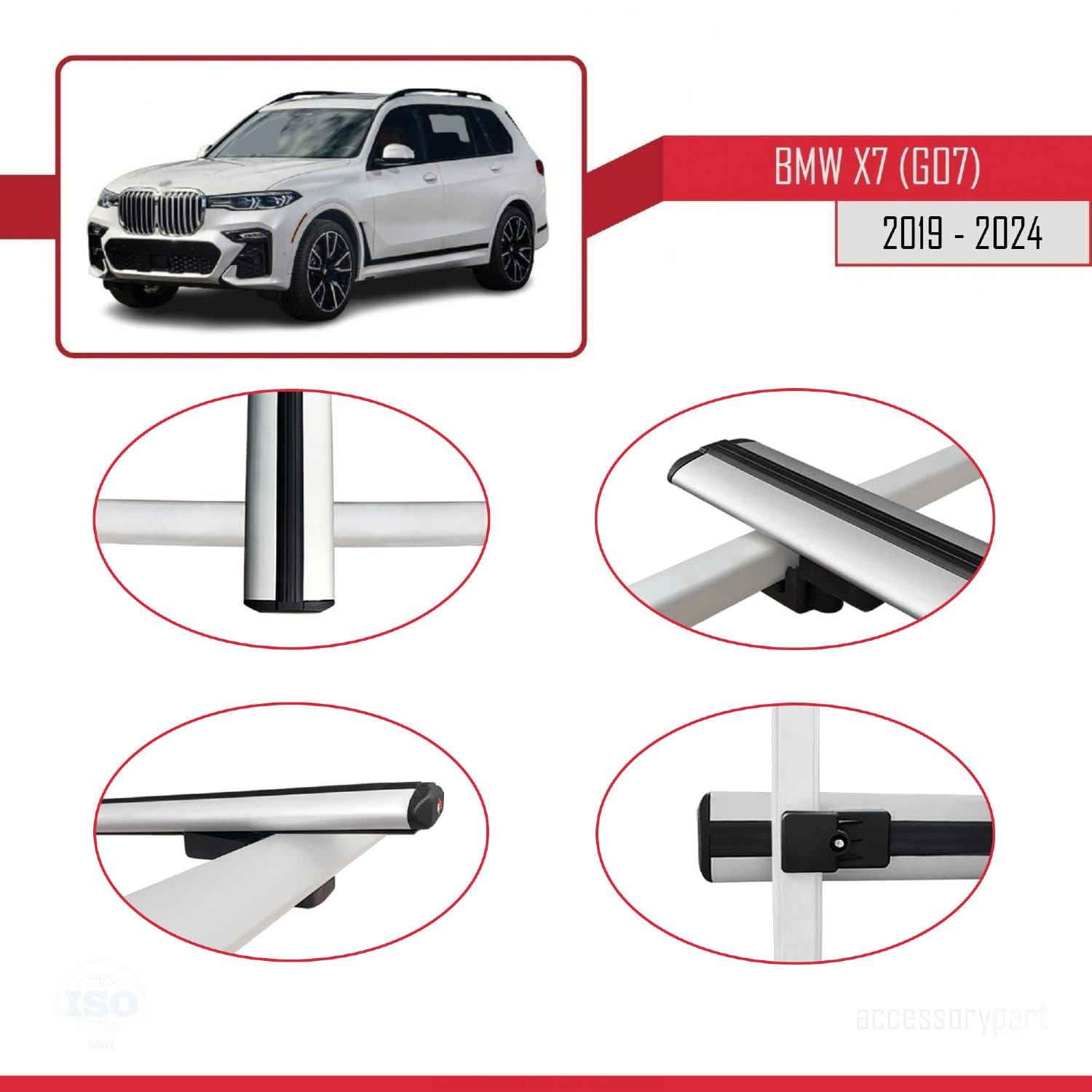 BMW X7 (G07) 2019 ve Sonrası ile uyumlu Basic Model Ara Atkı Tavan Barı GRİ 3 ADET