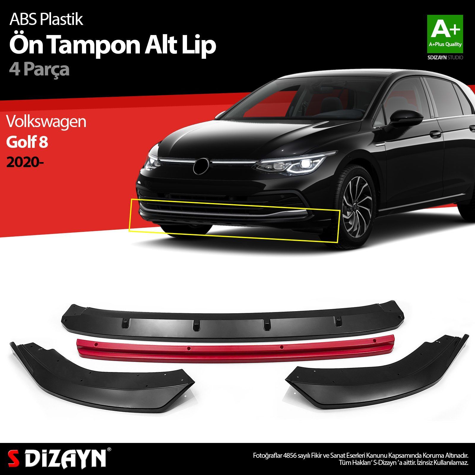 Volkswagen Golf Uyumlu 8 ABS Plastik Ön Tampon Alt Lip Kırmızı Ekli 4 Parça. 2020 Üzeri A+Kalite Parça