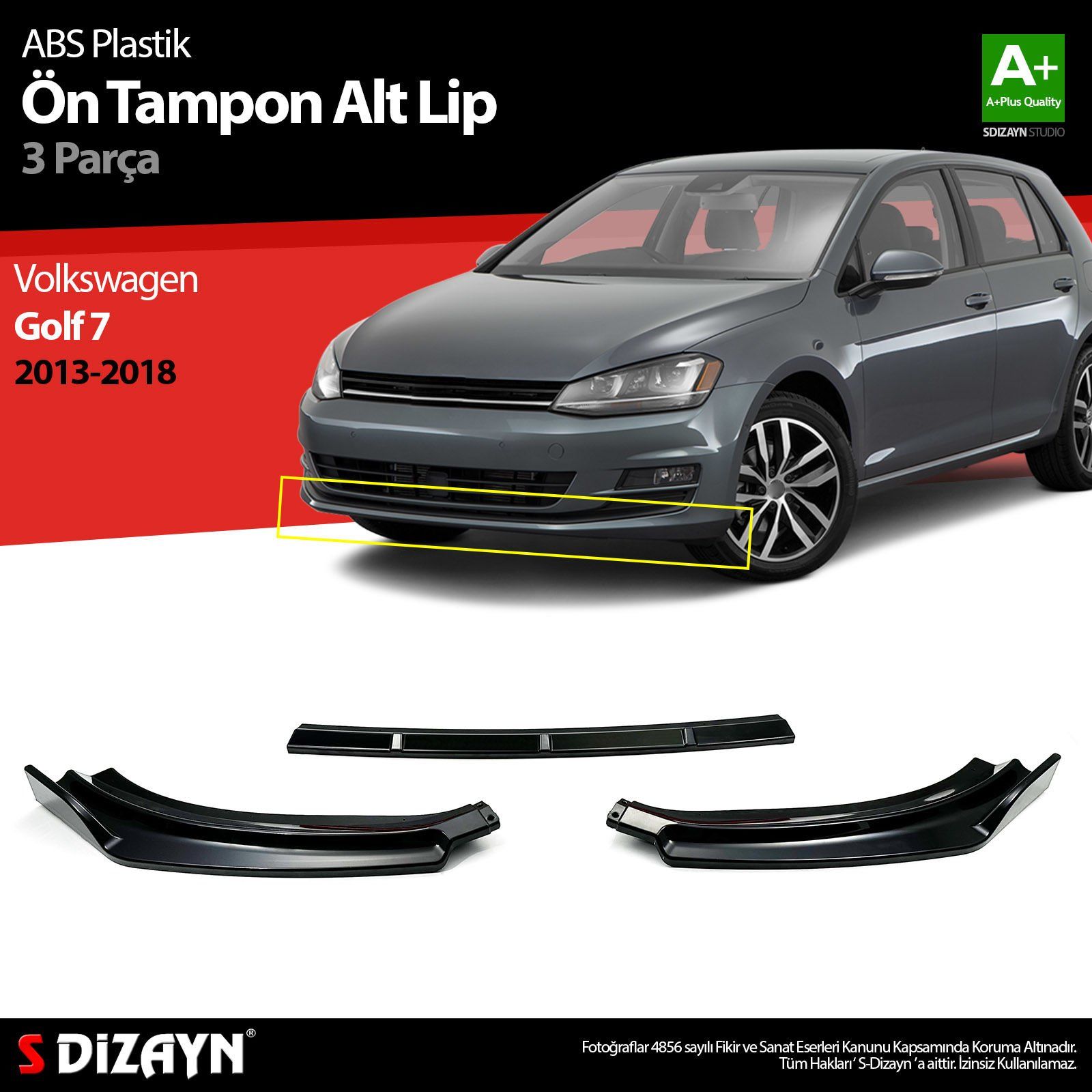 Volkswagen Golf Uyumlu 7 ABS Plastik Ön Tampon Alt Lip 3 Parça. 2013-2018 A+Kalite Parça