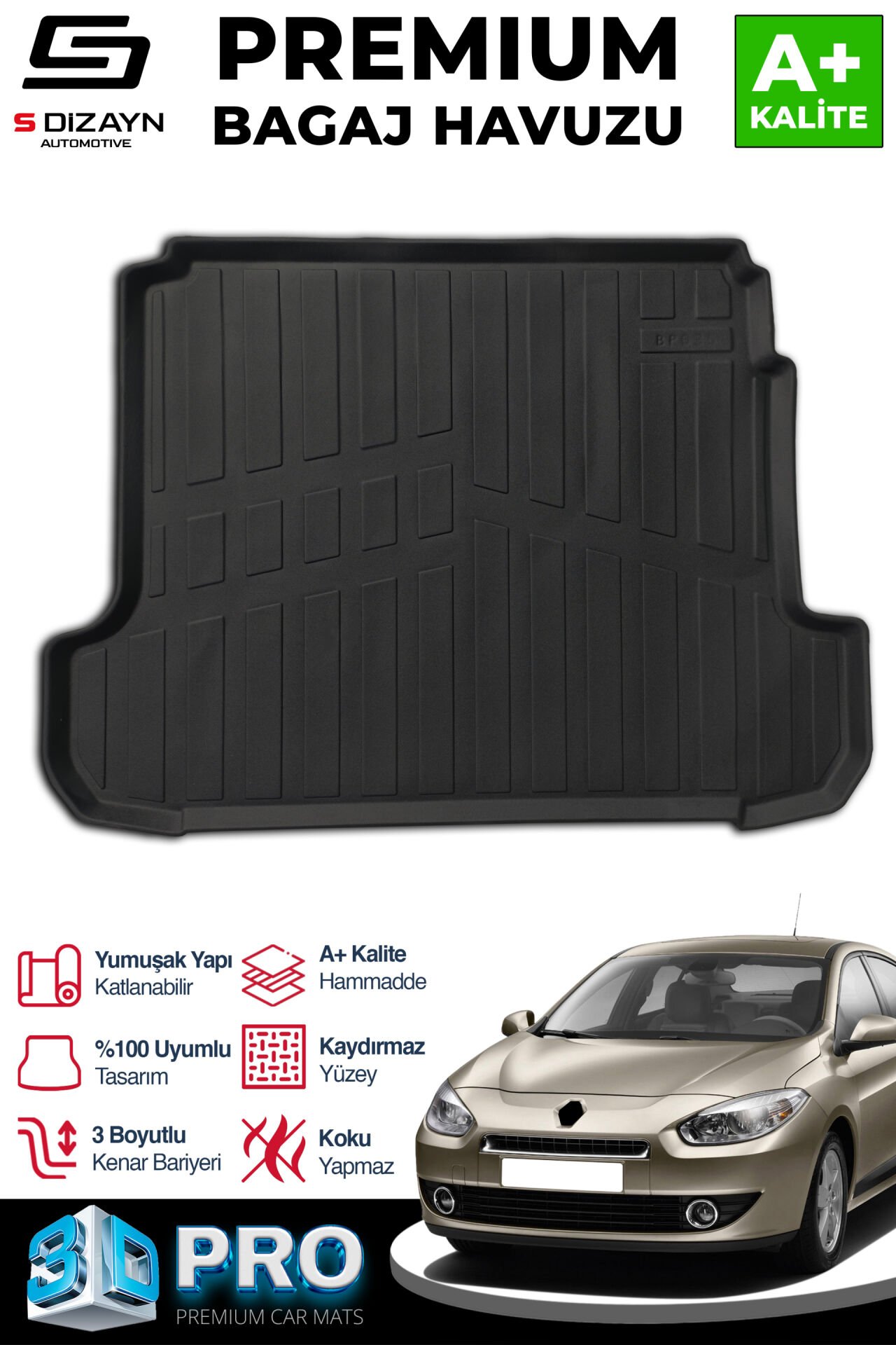 S-Dizayn Renault Fluence 3D Pro Bagaj Havuzu 2009 Üzeri A+ Kalite