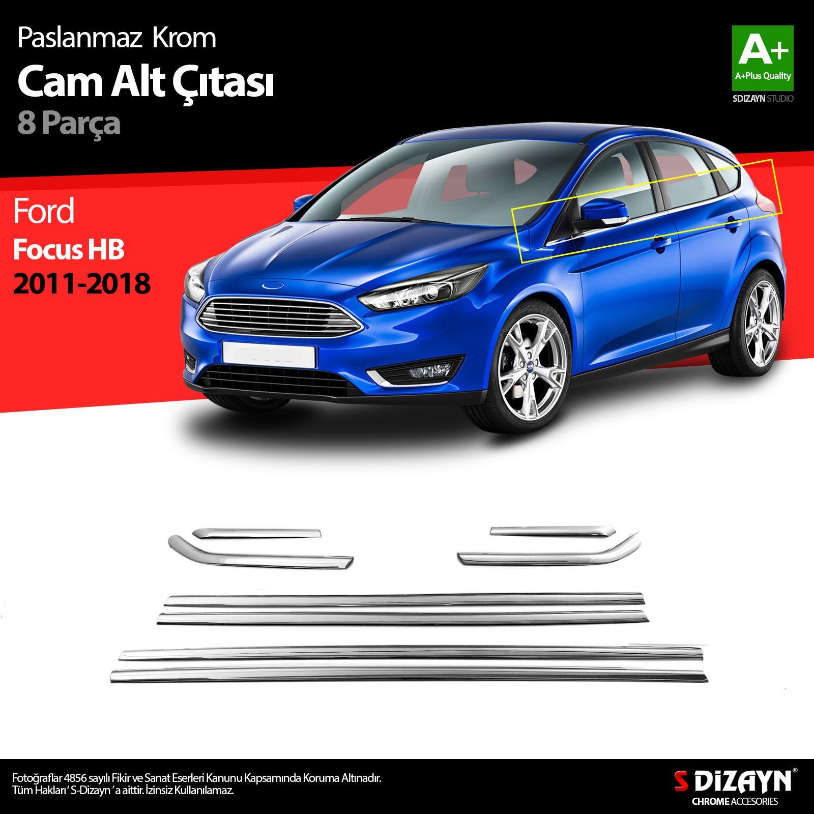 Ford Focus Uyumlu 3 Hatchback Krom Cam Çıtası 8 Parça 2011-2018