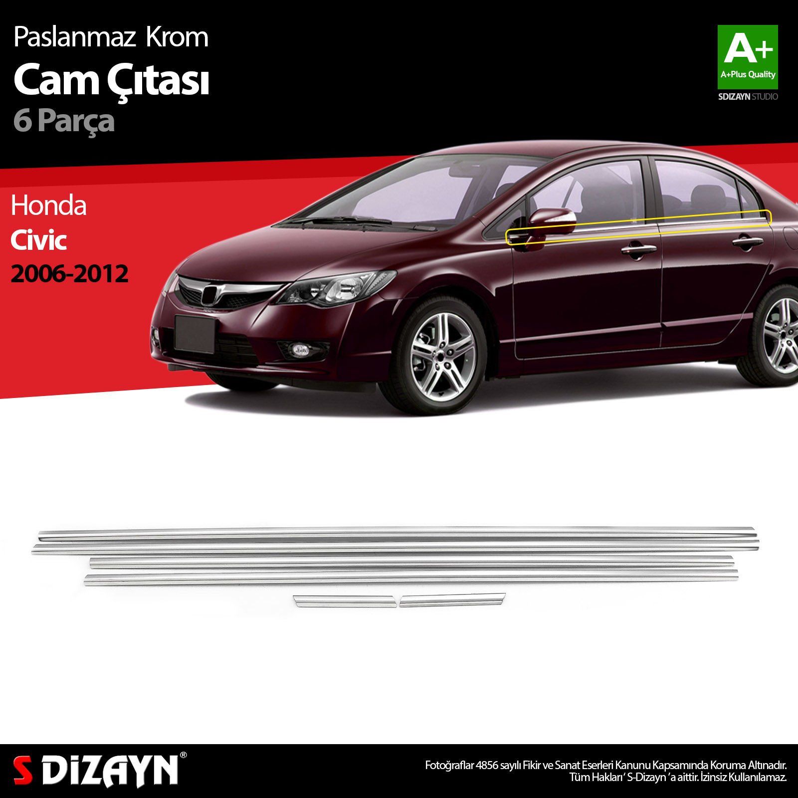 Honda Civic Uyumlu Krom Cam Çıtası 6 Parça 2006-2012