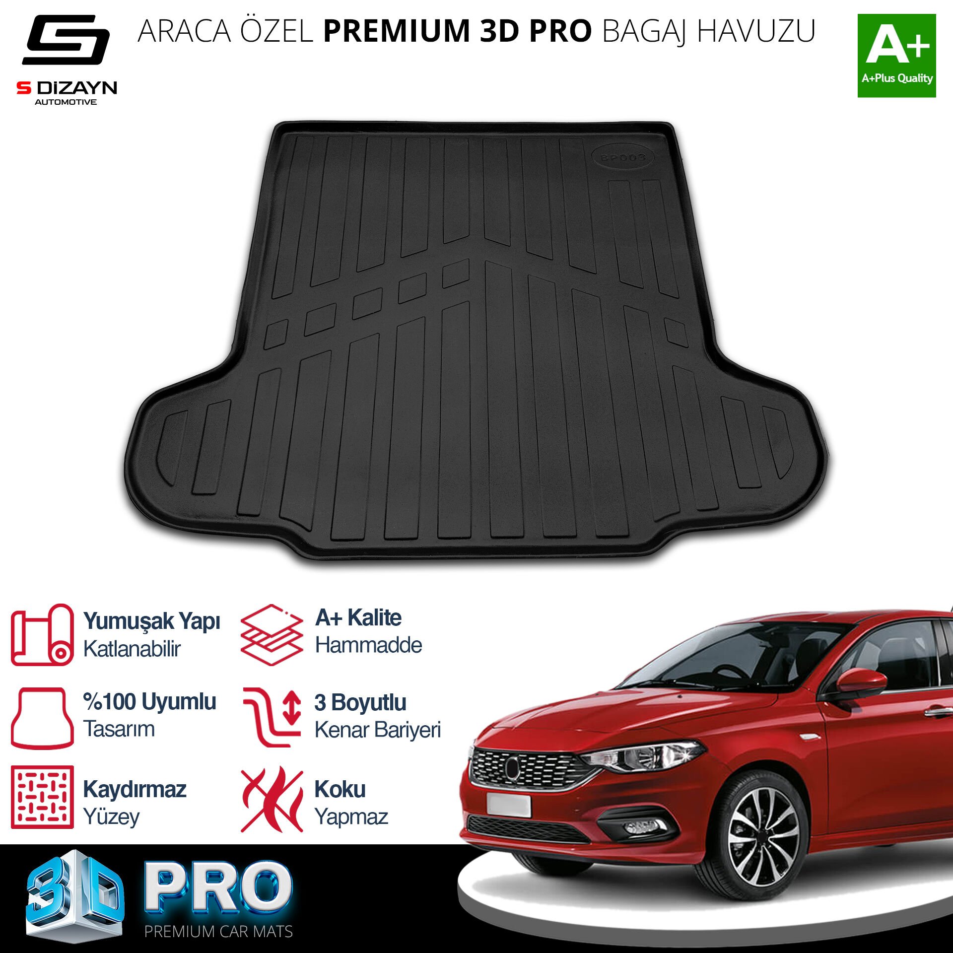 S-Dizayn Fiat Egea Sedan 3D Pro Bagaj Havuzu 2015 Üzeri A+ Kalite