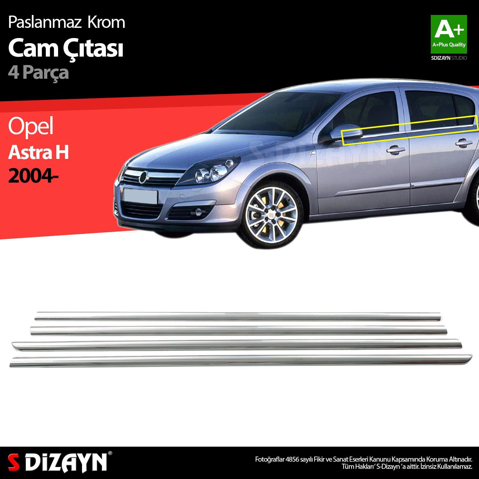 Opel Astra Uyumlu H Hatchback Krom Cam Çıtası 4 Parça 2004 Üzeri