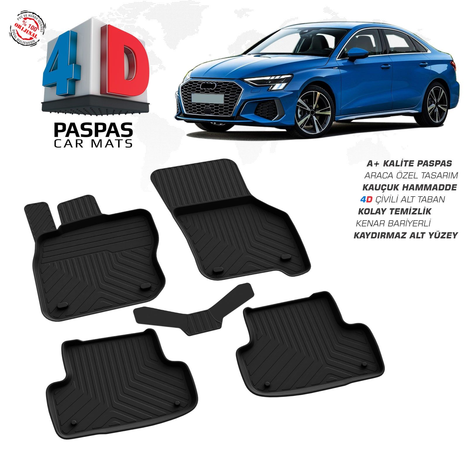 Audi A3 4D Araca Özel Havuzlu Kauçuk Paspas 2020 Üzeri