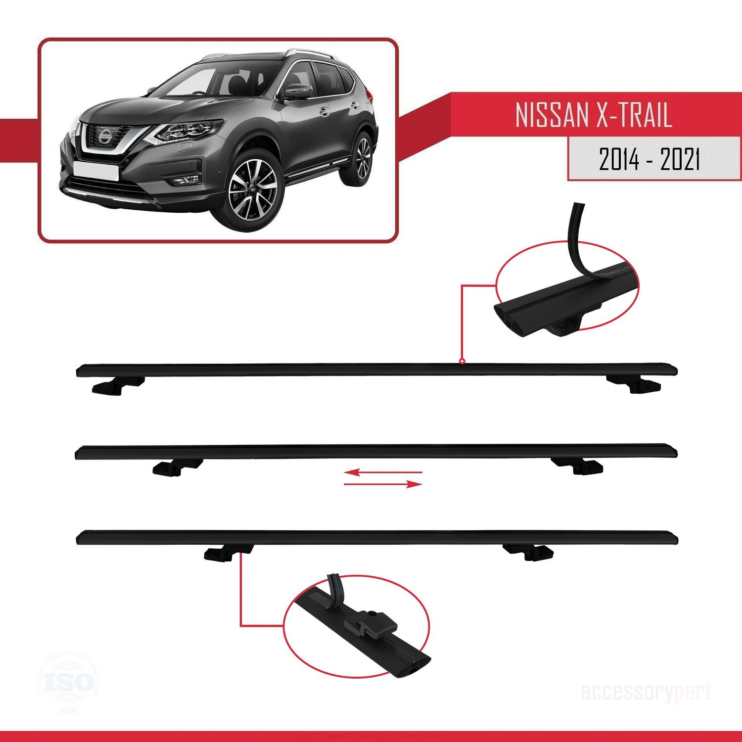 Nissan X-Trail 2014-2021 Arası ile uyumlu Basic Model Ara Atkı Tavan Barı SİYAH 3 ADET