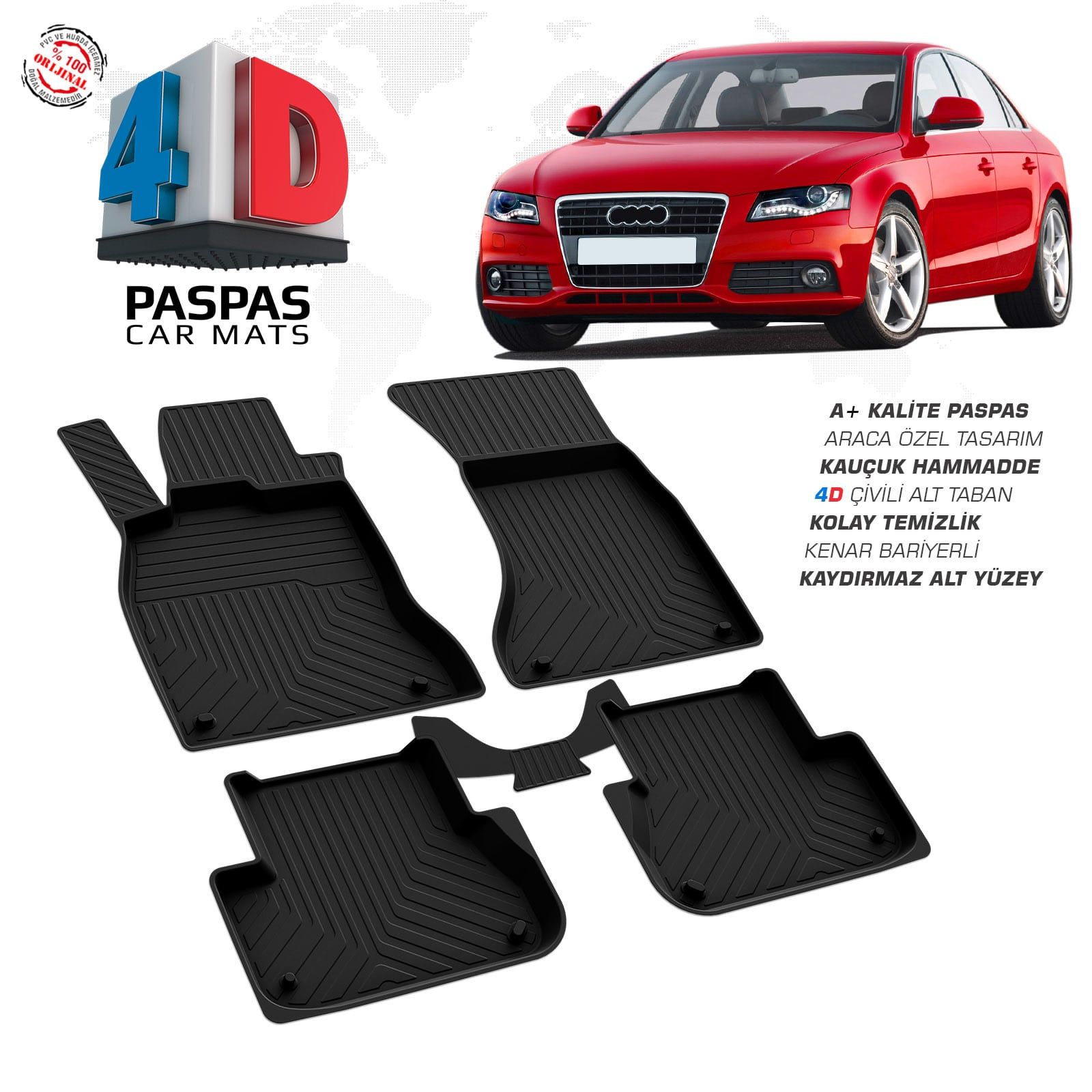 Audi A4 4D Araca Özel Havuzlu Kauçuk Paspas 2008-2015
