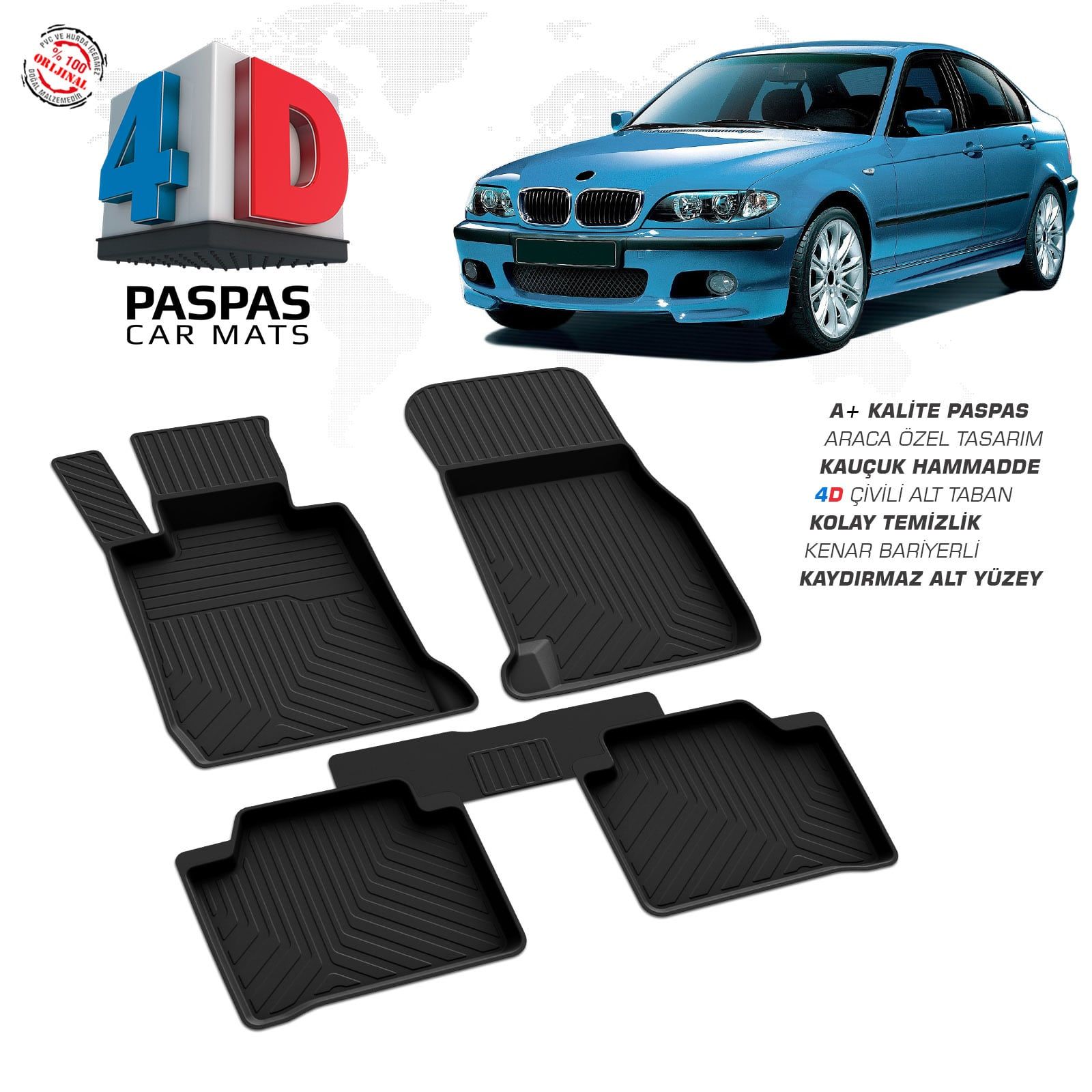 Bmw 3 Serisi E46 4D Araca Özel Havuzlu Kauçuk Paspas 1998-2005