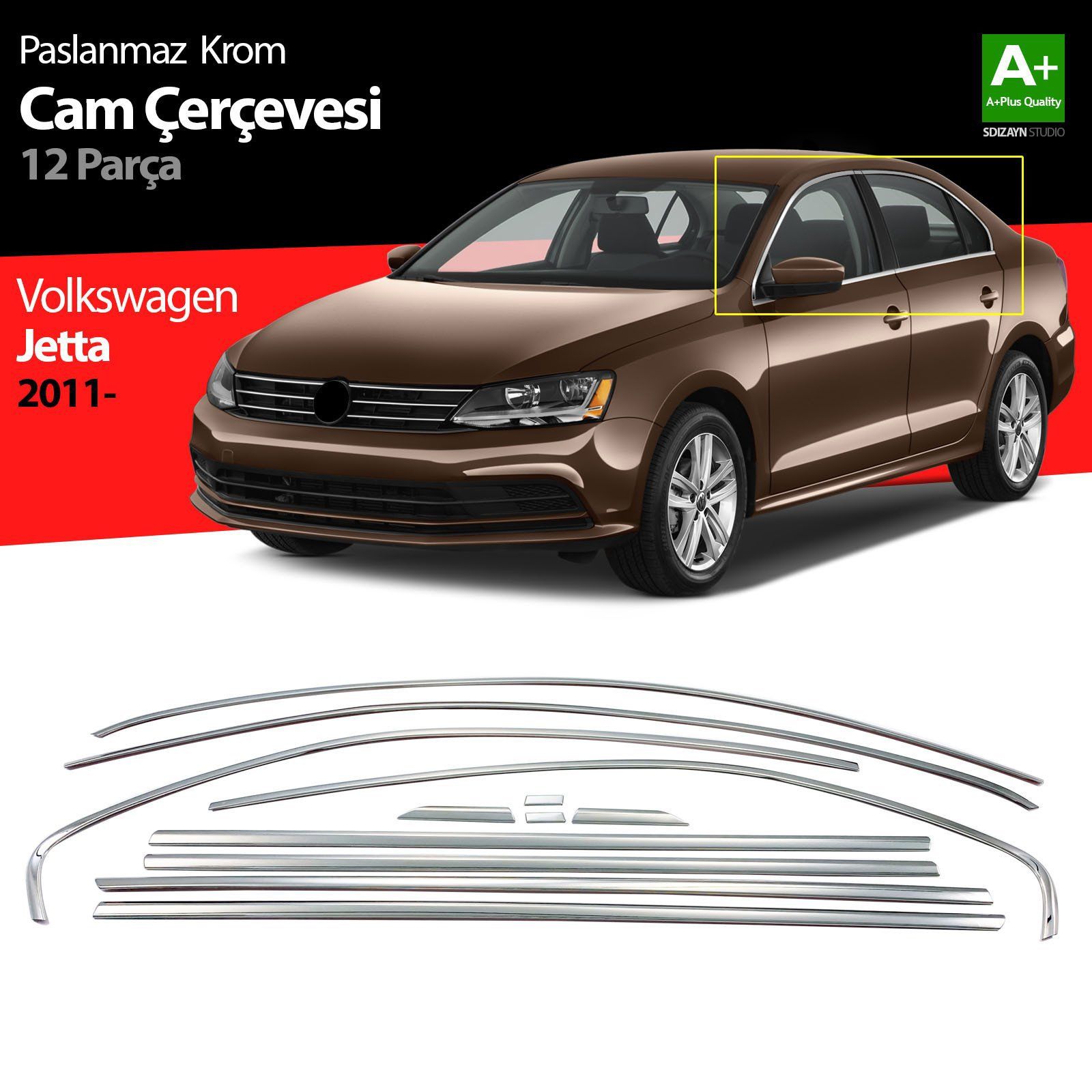 Volkswagen Jetta Uyumlu Krom Cam Çerçeve Seti 12 Parça. 2011 Üzeri