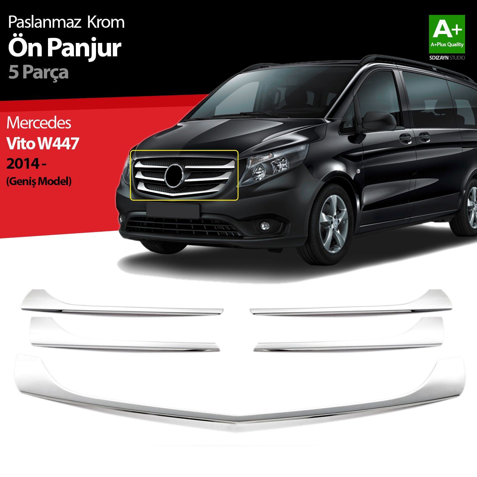 Mercedes Vito Uyumlu W447 Krom Ön Panjur Geniş Model 5 Parça. 2014-2020