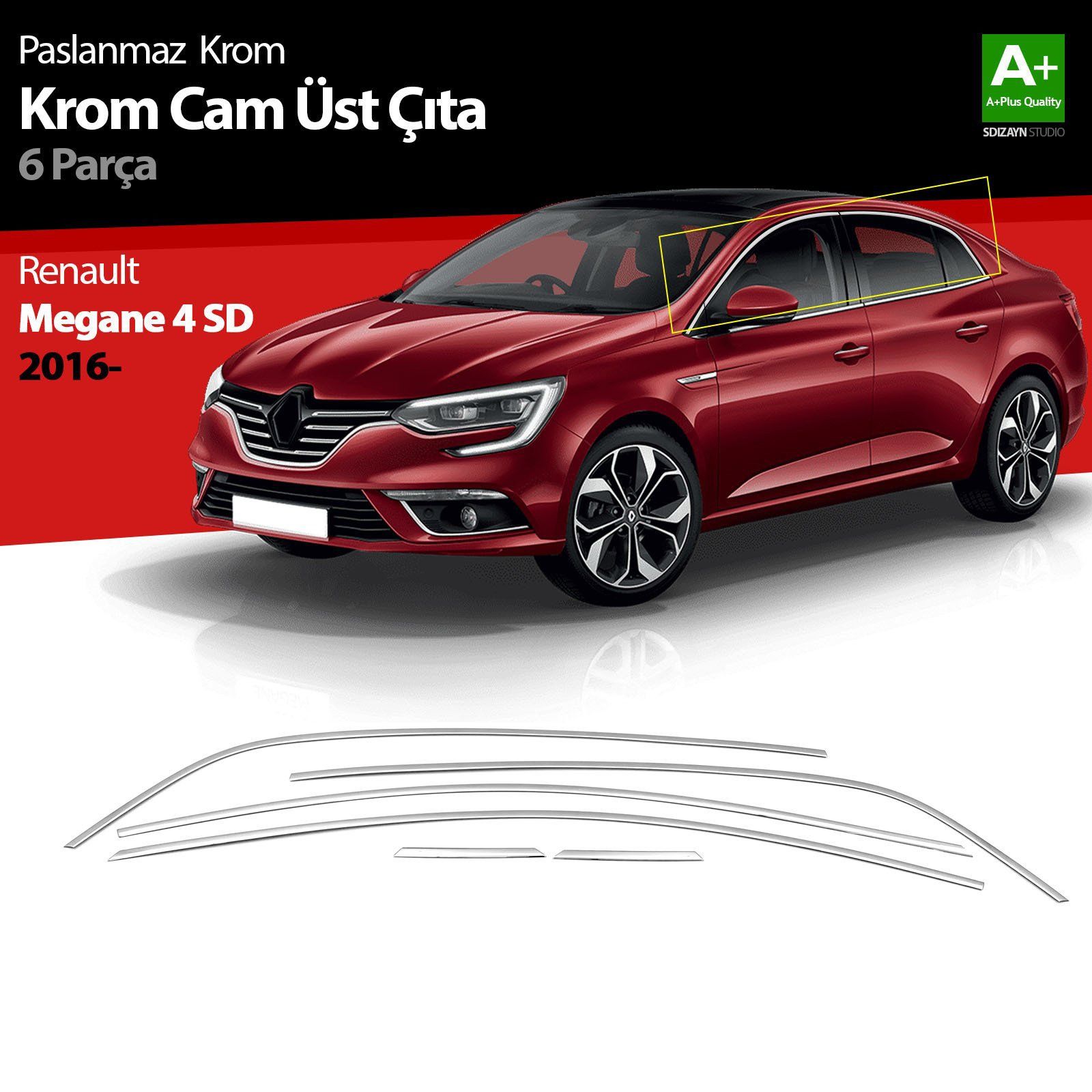 Renault Megane Uyumlu 4 Sedan Krom Cam Üst Çıtası 6 Parça. 2016 Üzeri