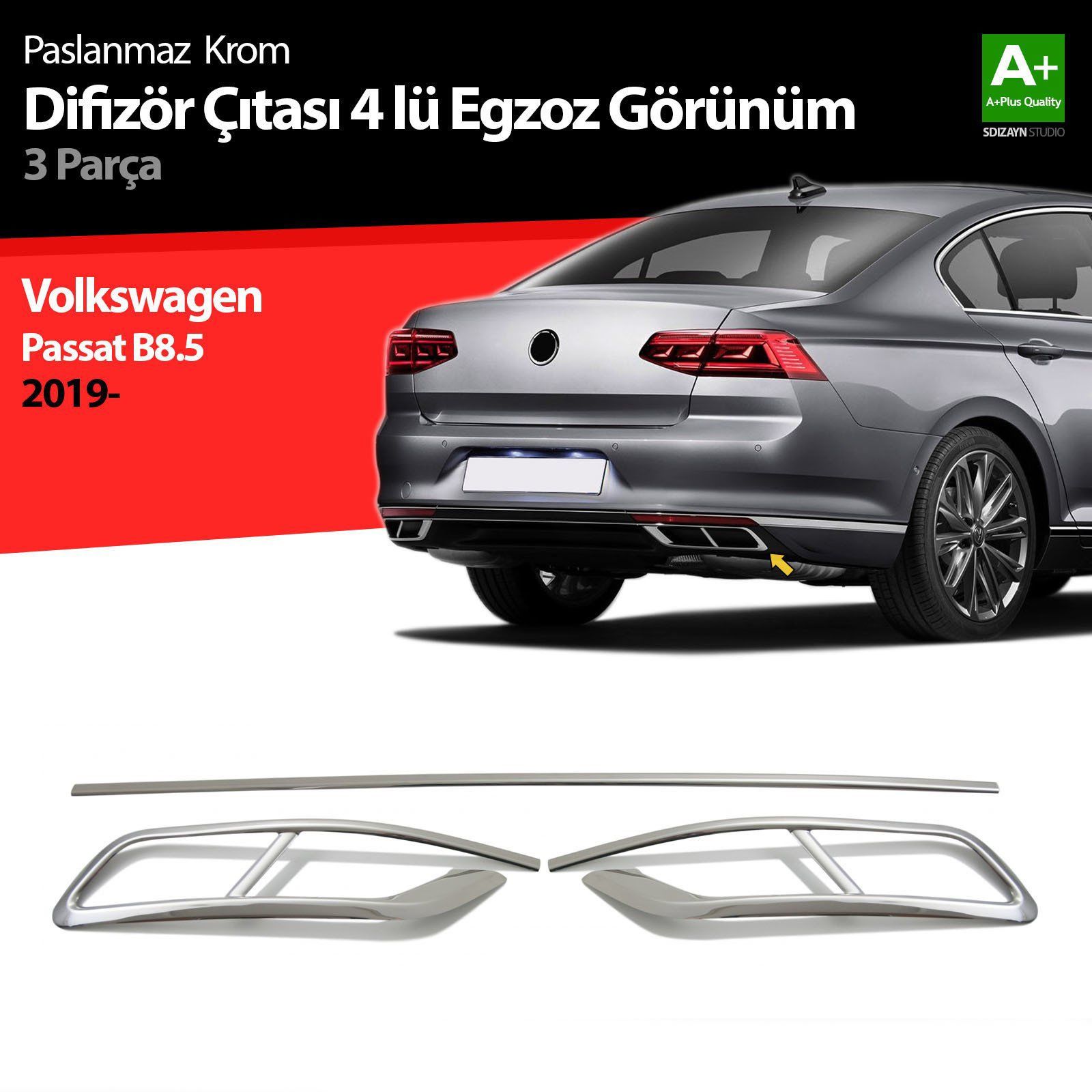 Volkswagen Passat Uyumlu B8.5 Krom Egzoz Görünümü Difüzör 4'Lü R Line 3 Parça 2019 Ve Üzeri