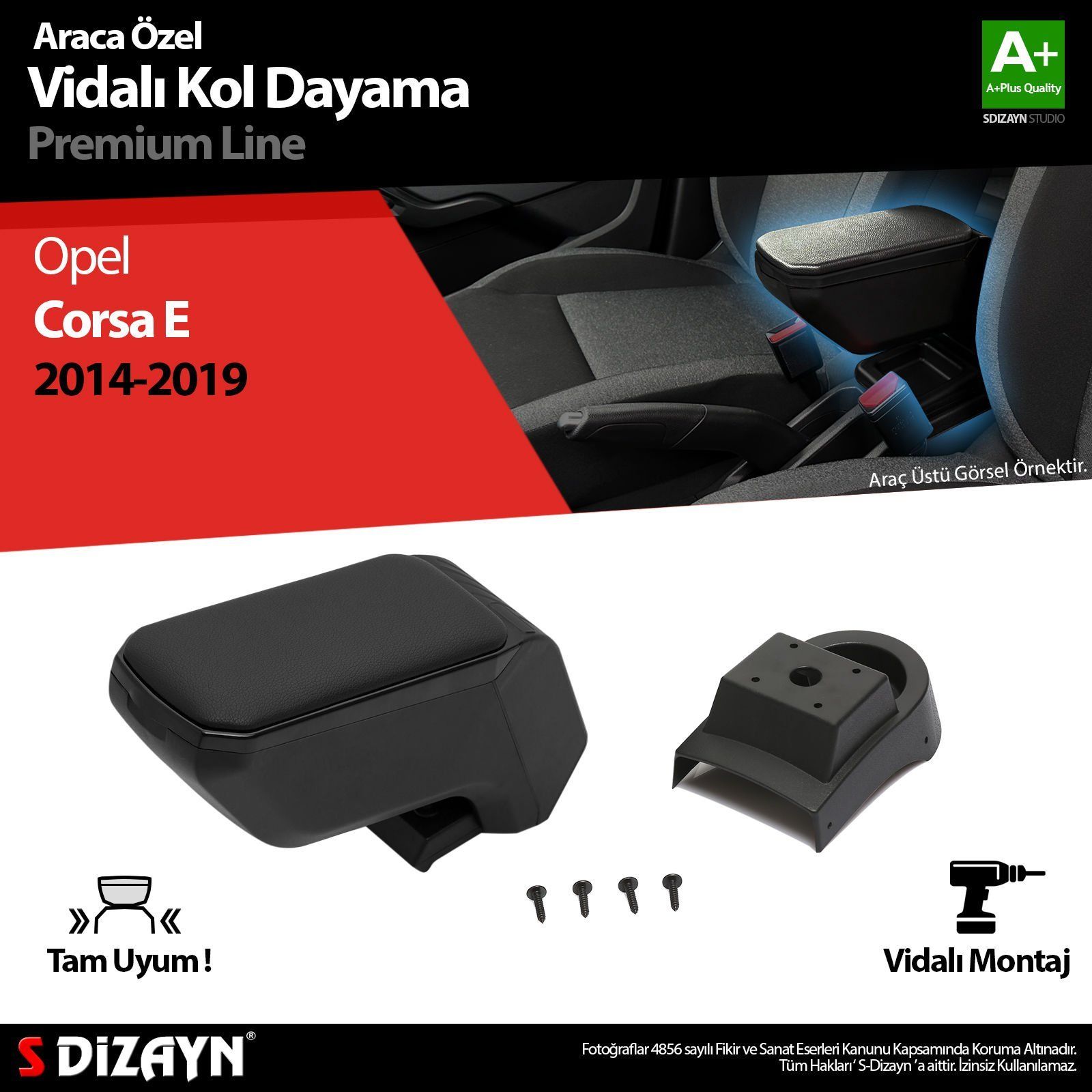 Opel Corsa Uyumlu E ABS Vidalı Kol Dayama Kolçak Siyah 2014-2019 A+Kalite Parça