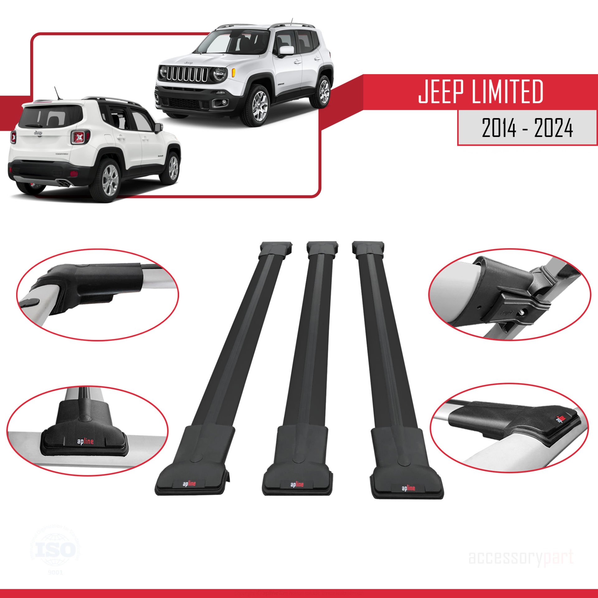Jeep Limited 2014 ve Sonrası ile uyumlu FLY Model Ara Atkı Tavan Barı SİYAH  3 ADET