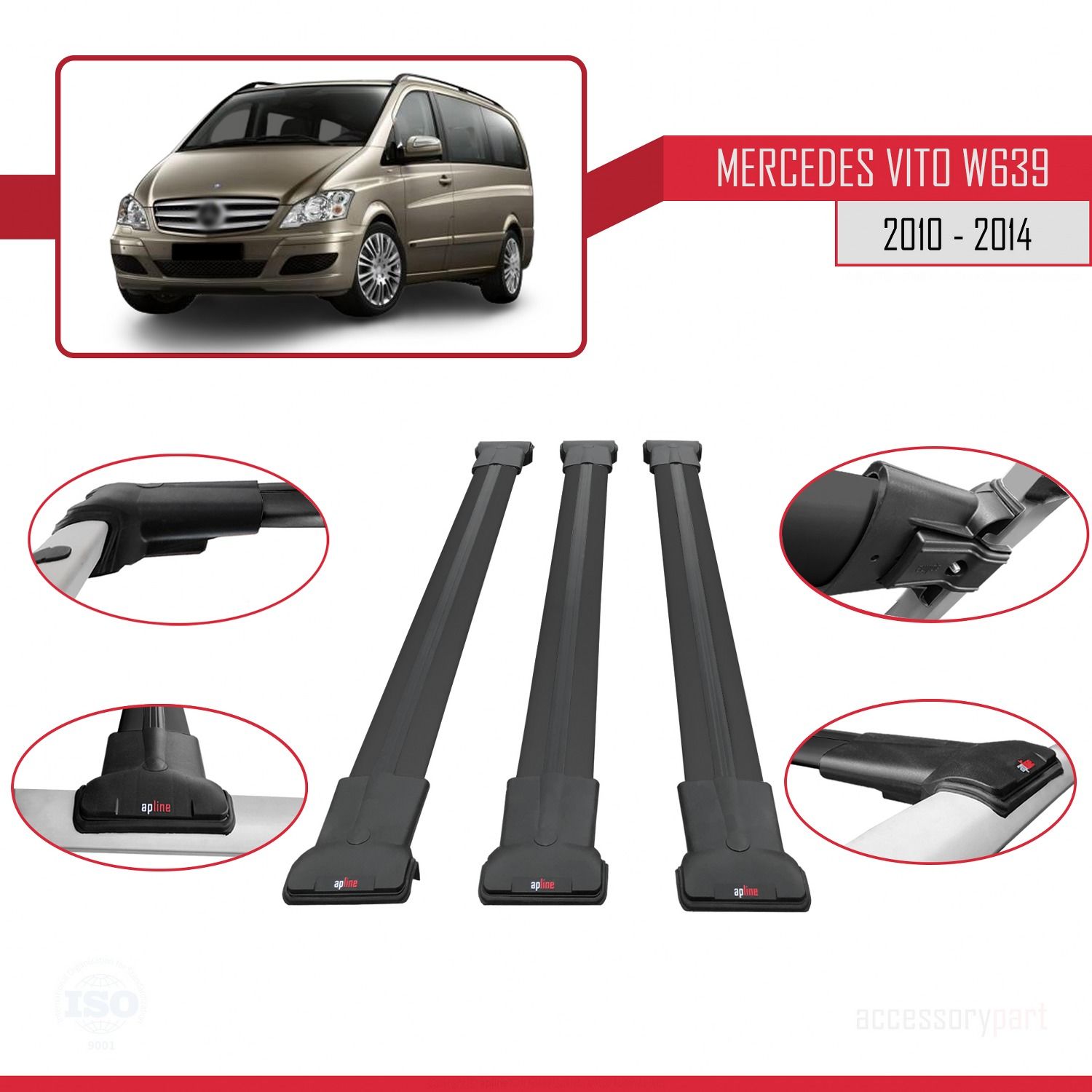 Mercedes Vito (W639) 2010-2014 Arası ile uyumlu FLY Model Ara Atkı Tavan Barı SİYAH 3 ADET BAR