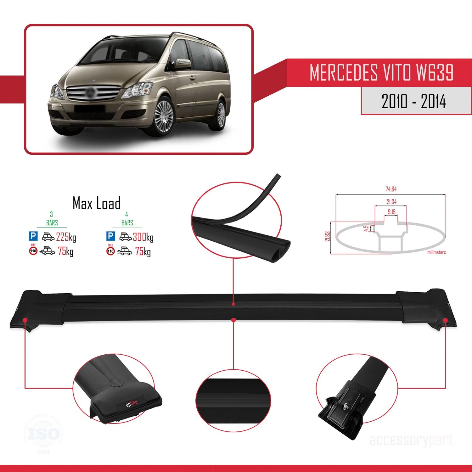 Mercedes Vito (W639) 2010-2014 Arası ile uyumlu FLY Model Ara Atkı Tavan Barı SİYAH 3 ADET BAR
