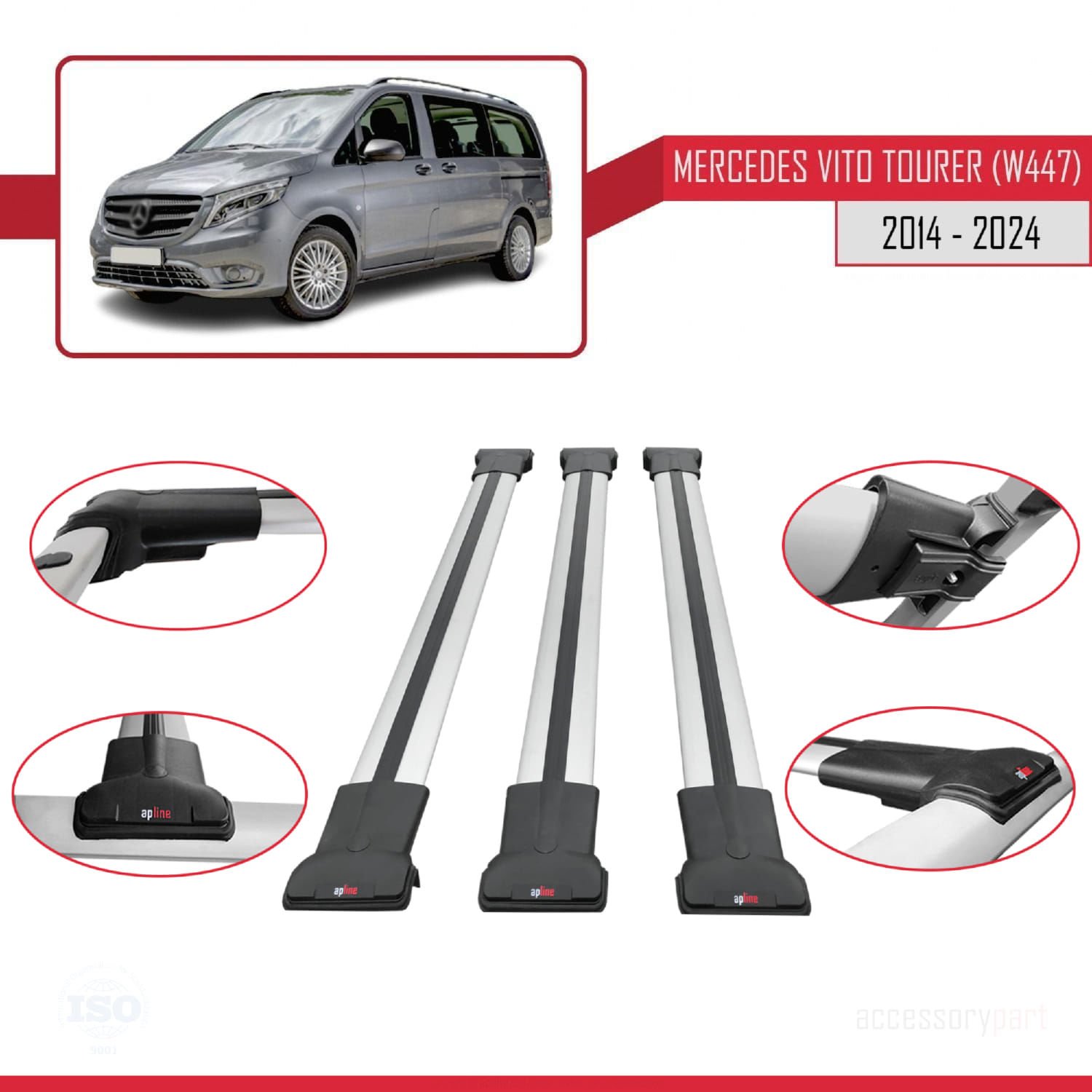 Mercedes Vito Tourer (W447) 2014 ve Sonrası ile Uyumlu FLY Model Ara Atkı Tavan Barı GRİ 3 ADET BAR