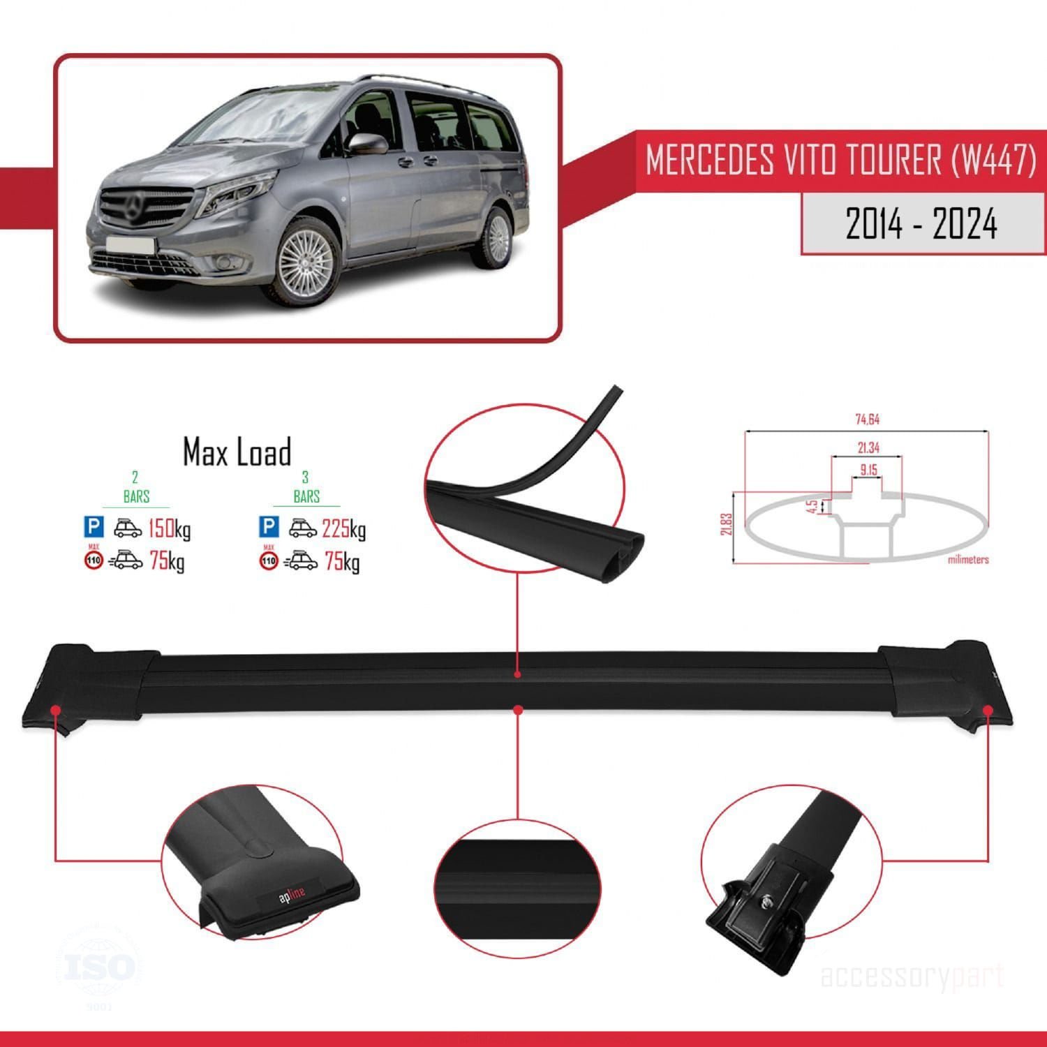 Mercedes Vito Tourer (W447) 2014 ve Sonrası ile Uyumlu FLY Model Ara Atkı Tavan Barı SİYAH