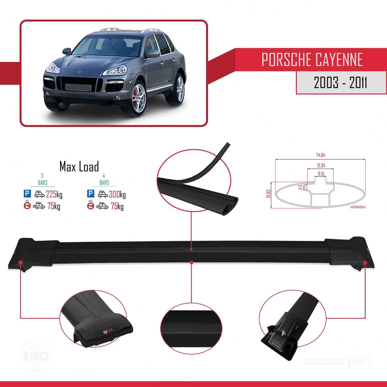 Porsche Cayenne 2003-2011 Arası ile Uyumlu FLY Model Ara Atkı Tavan Barı SİYAH 3 ADET BAR