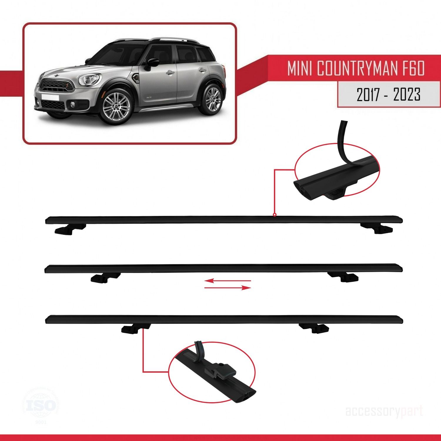 Mini Countryman (F60) 2017-2023 Arası ile uyumlu Basic Model Ara Atkı Tavan Barı SİYAH 3 ADET