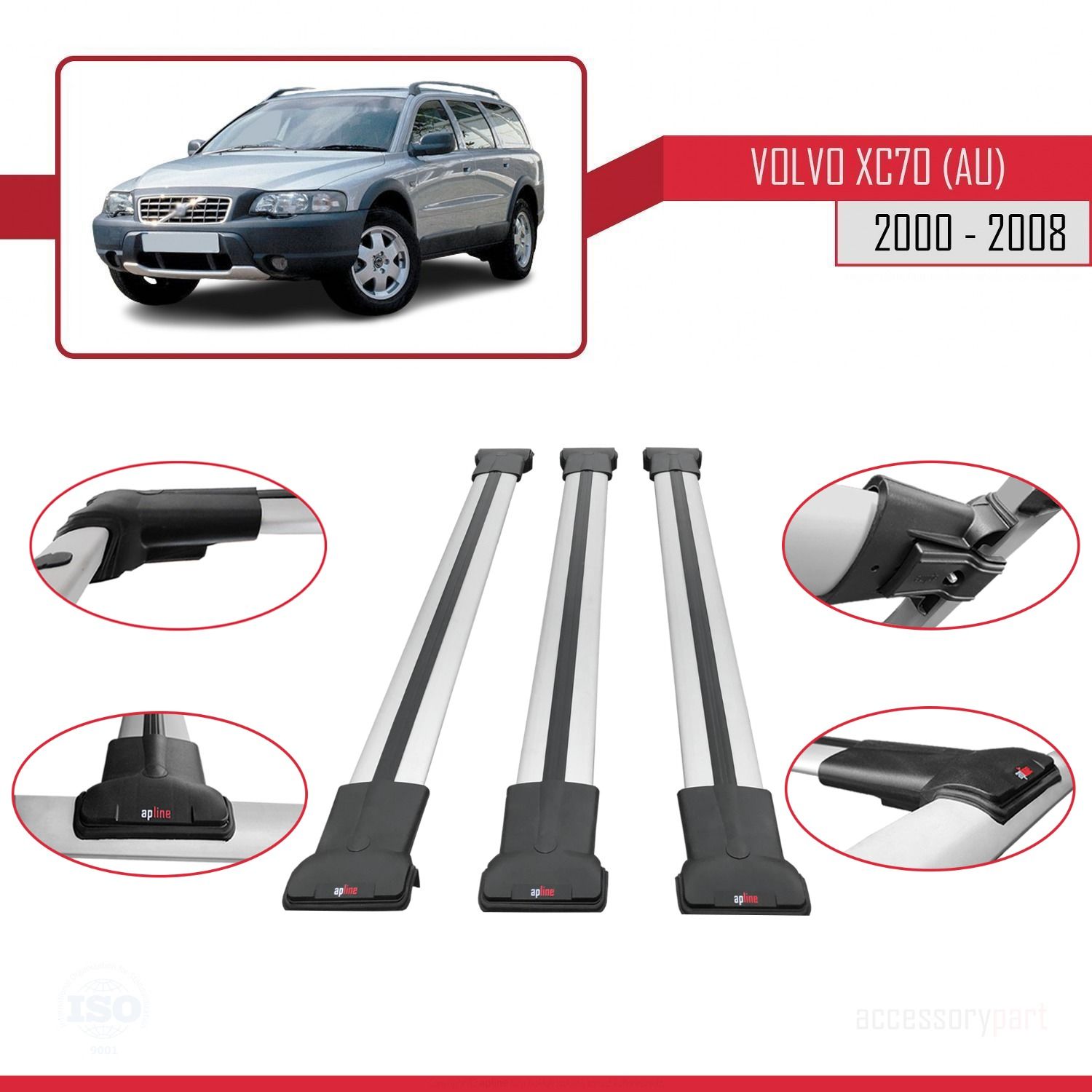 Volvo XC70 (AU) 2000-2008 Arası ile Uyumlu FLY Model Ara Atkı Tavan Barı GRİ 3 ADET BAR