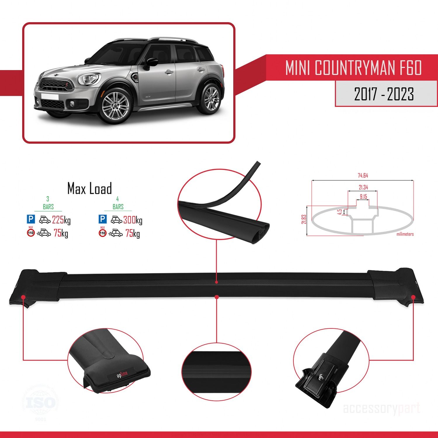 Mini Countryman (F60) 2017-2023 Arası ile Uyumlu FLY Model Ara Atkı Tavan Barı SİYAH 3 ADET BAR