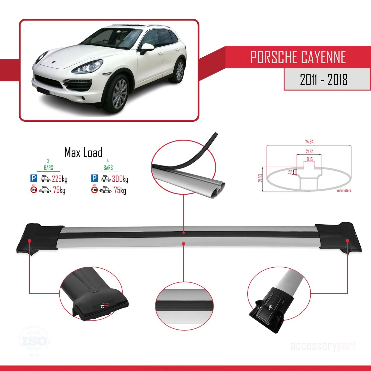 Porsche Cayenne 92A 2011-2018 Arası ile uyumlu FLY Model Ara Atkı Tavan Barı GRİ 3 ADET BAR