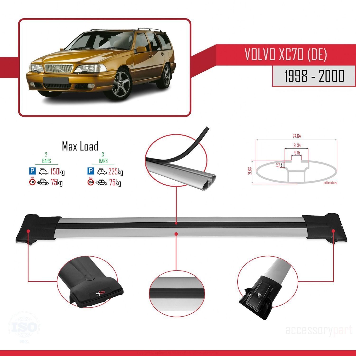 Volvo XC70 (DE) 1998-2000 Arası ile Uyumlu FLY Model Ara Atkı Tavan Barı GRİ