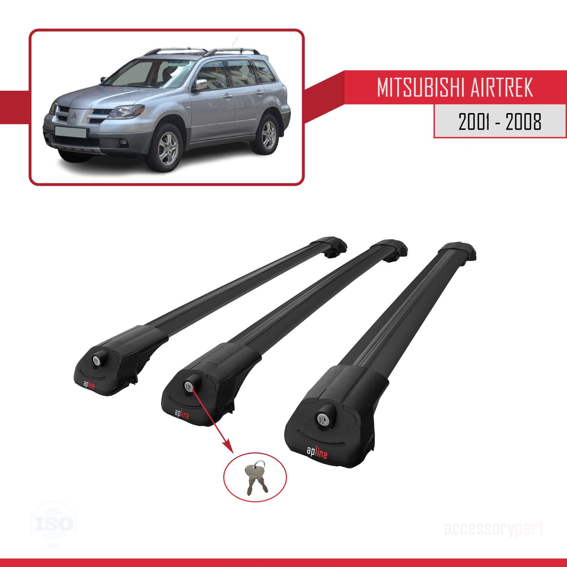 Mitsubishi Airtrek 2001-2008 Arası ile uyumlu ACE-1 Ara Atkı Tavan Barı SİYAH 3 ADET BAR