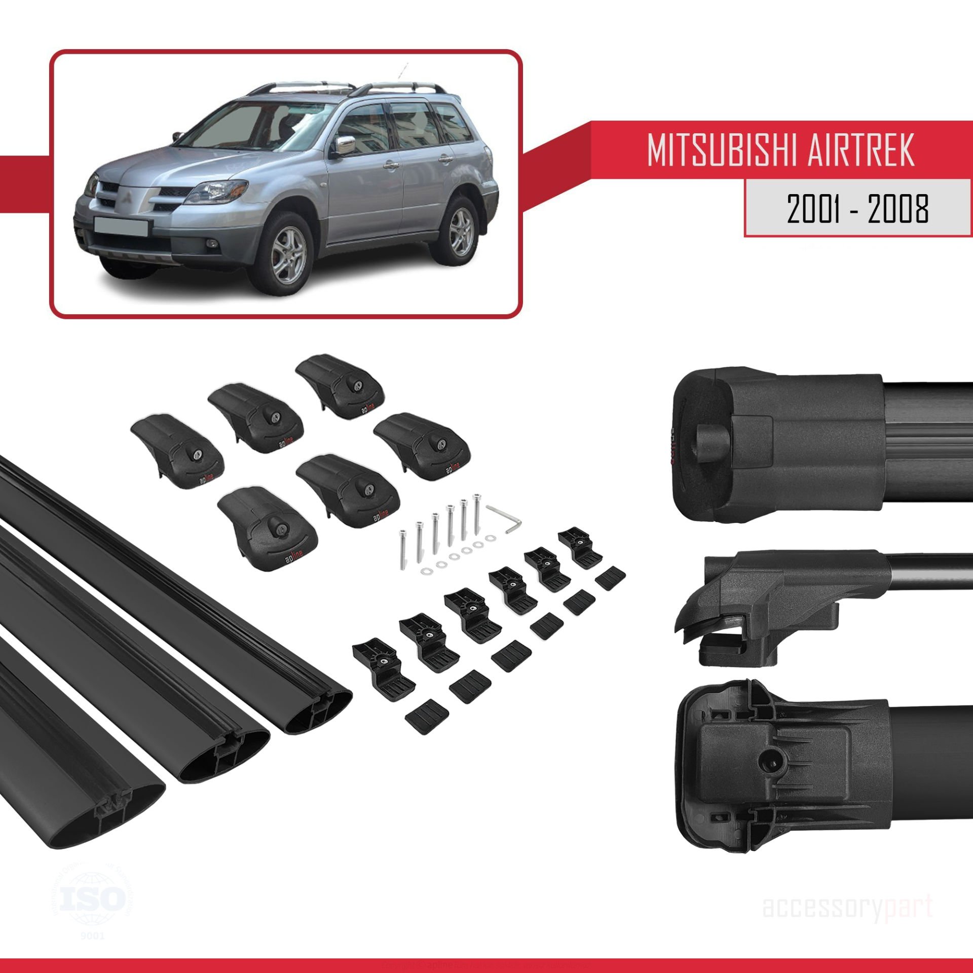 Mitsubishi Airtrek 2001-2008 Arası ile uyumlu ACE-1 Ara Atkı Tavan Barı SİYAH 3 ADET BAR