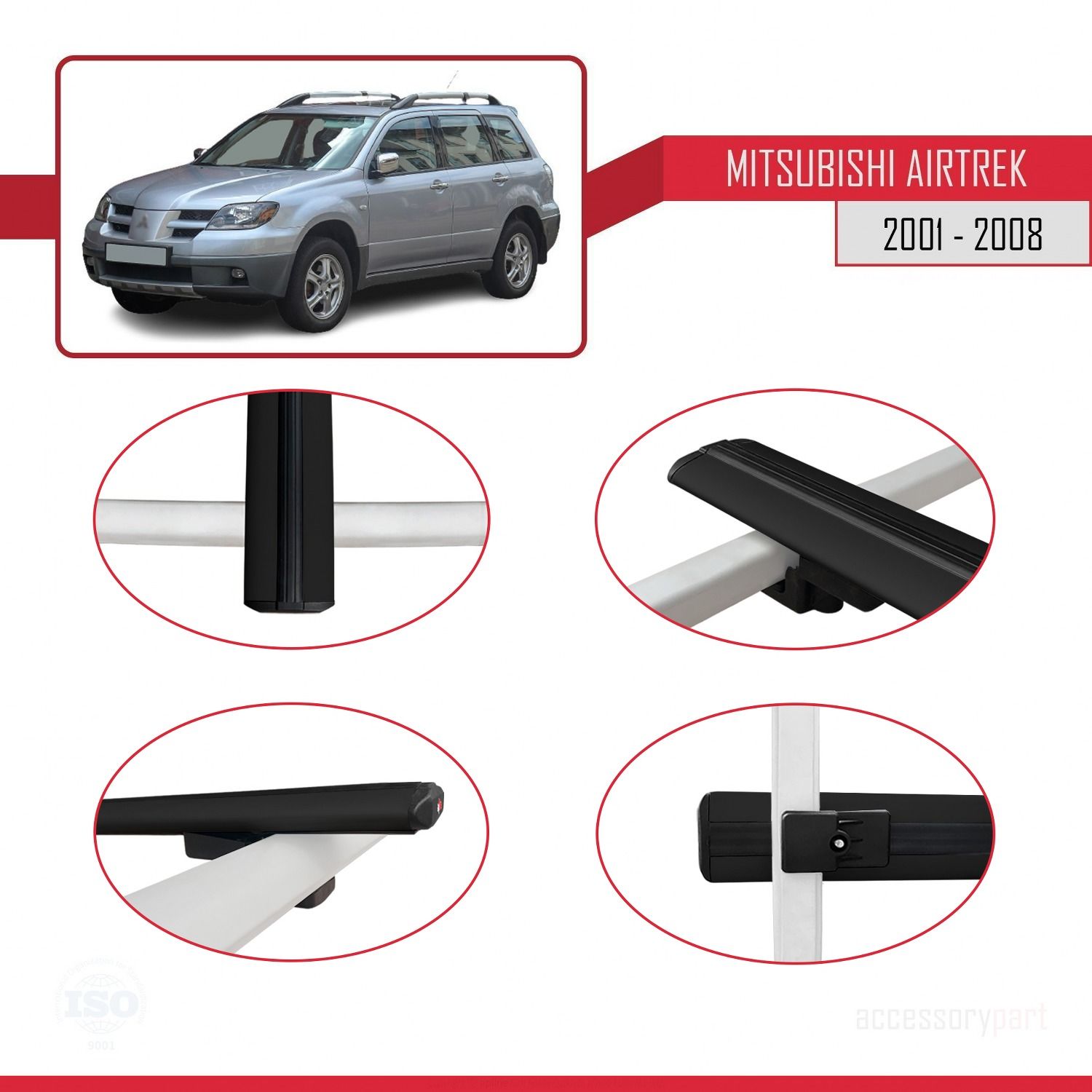 Mitsubishi Airtrek 2001-2008 Arası ile uyumlu Basic Model Ara Atkı Tavan Barı SİYAH 3 ADET