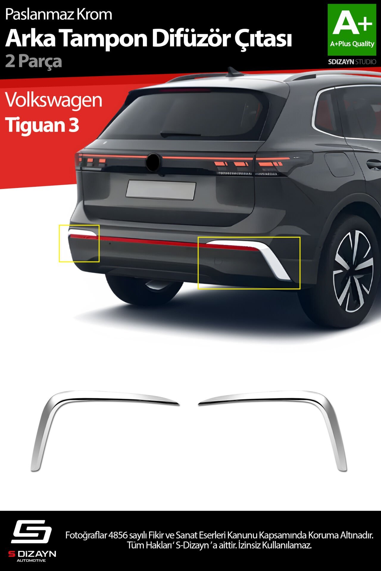 S-Dizayn Volkswagen Tiguan Krom Arka Tampon Difüzör Çıtası OEM Still 2 Prç. 2024 Üzeri A+ Kalite