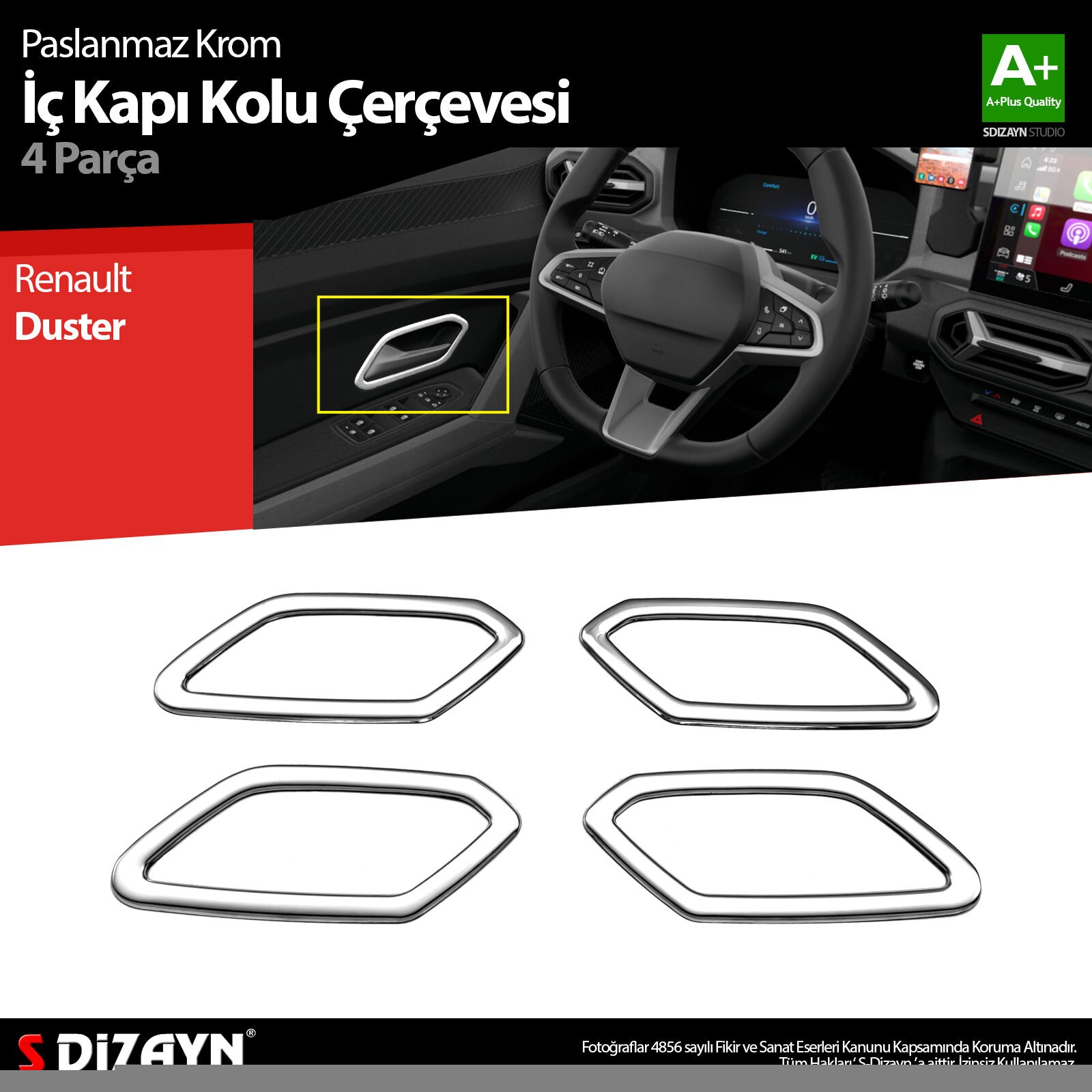 S-Dizayn Renault Duster Krom İç Kapı Kolu Çerçevesi 4 Prç 2024 Üzeri A+ Kalite