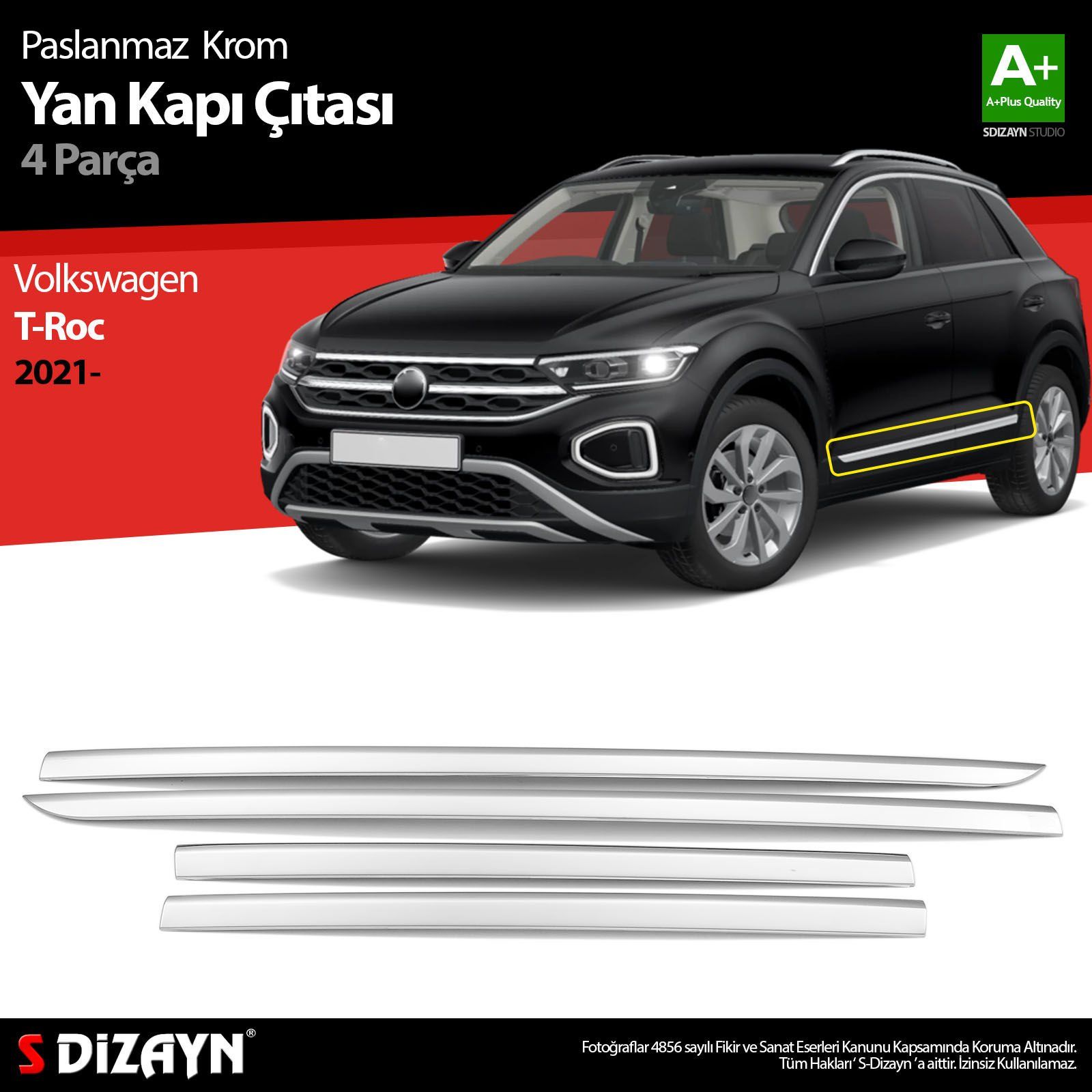 Volkswagen T-Roc Uyumlu Makyajlı Krom Yan Kapı Çıtası 4 Parça. 2021 Üzeri Parça