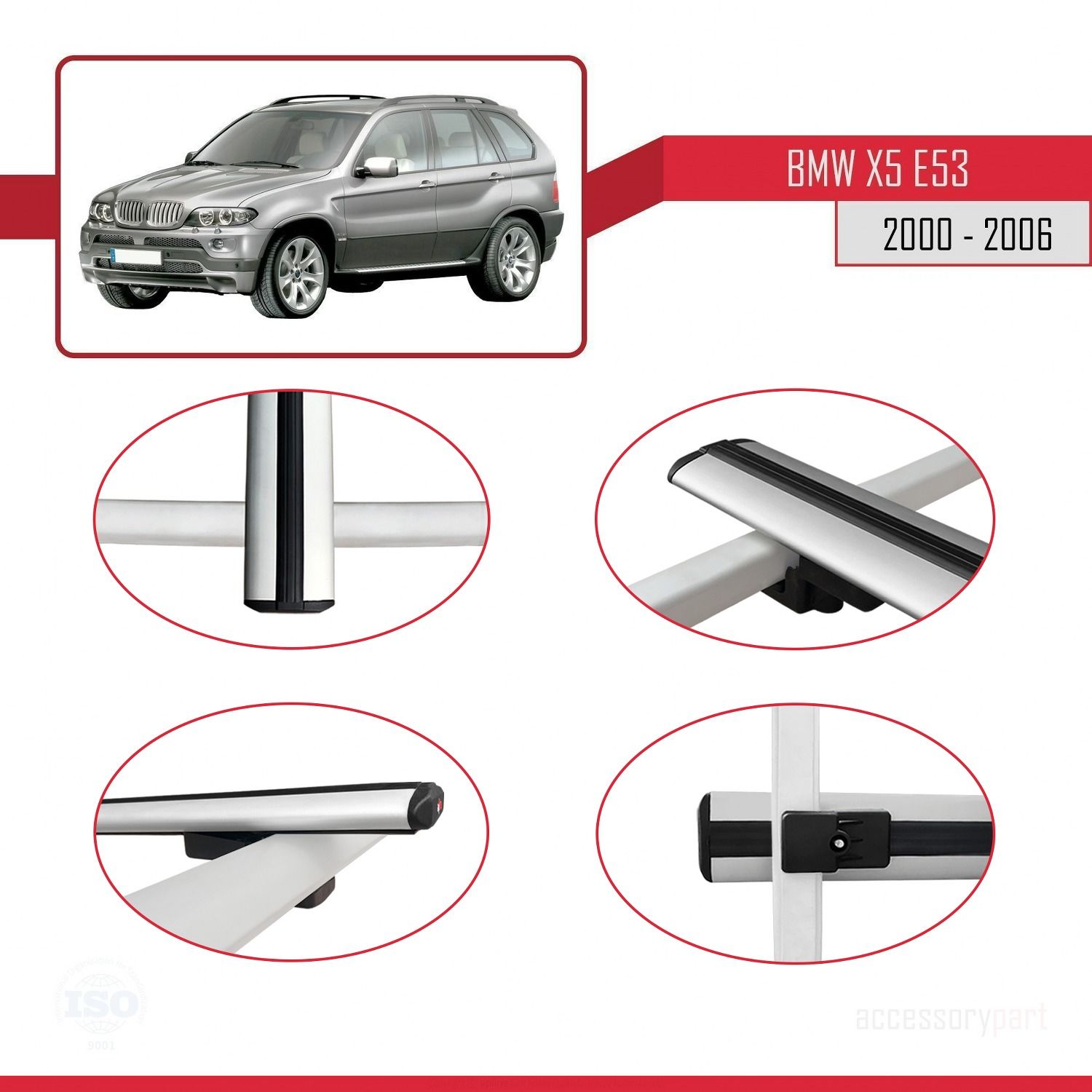 BMW X5 (E53) 2000-2006 Arası ile uyumlu Basic Model Ara Atkı Tavan Barı GRİ 3 ADET