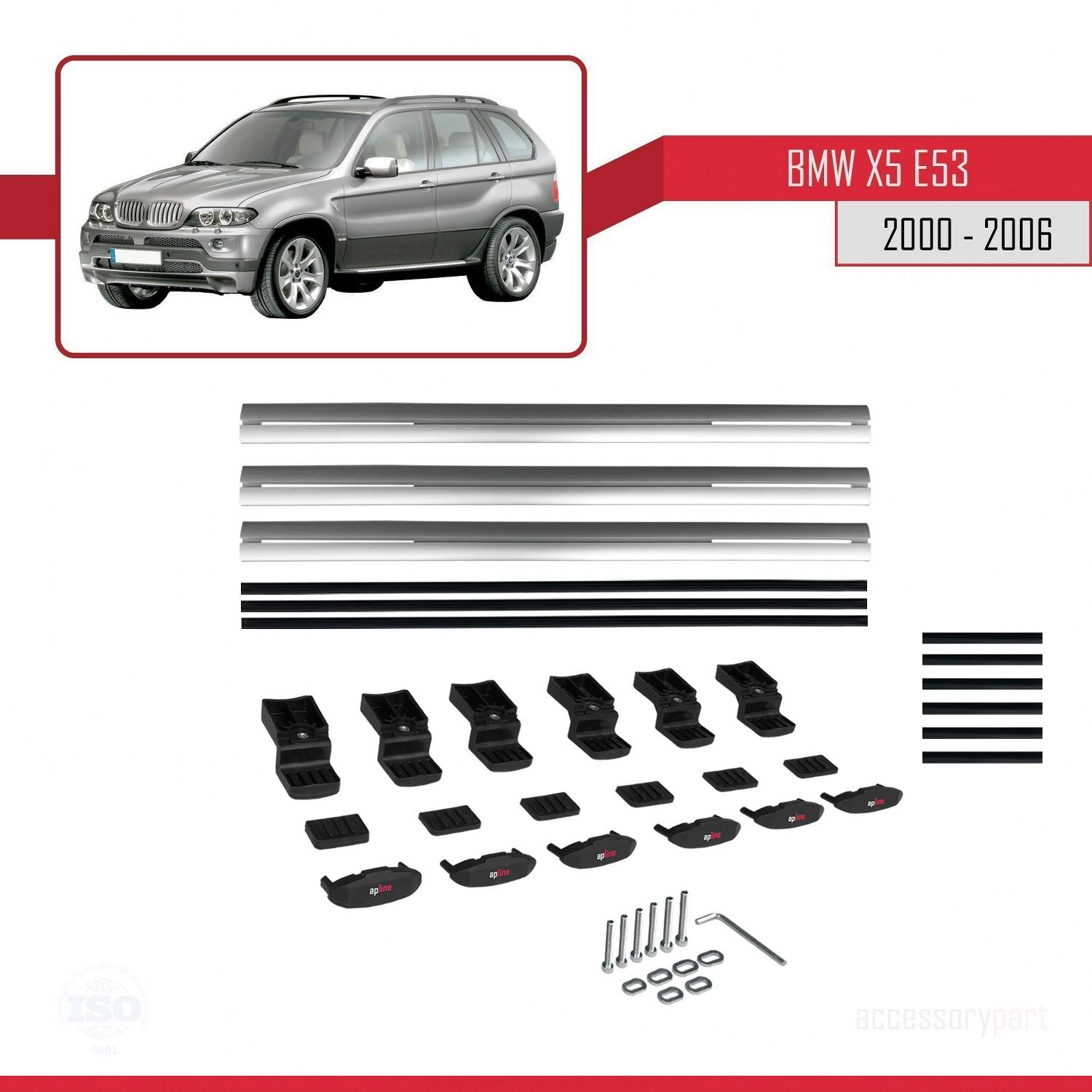 BMW X5 (E53) 2000-2006 Arası ile uyumlu Basic Model Ara Atkı Tavan Barı GRİ 3 ADET