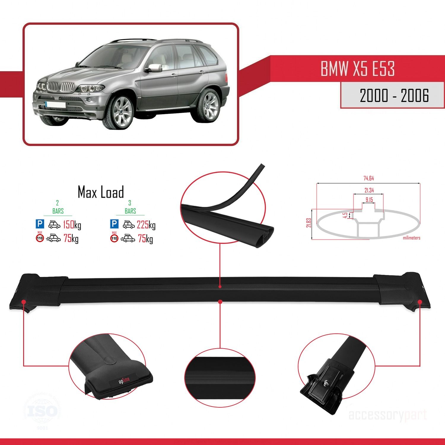BMW X5 (E53) 2000-2006 Arası ile uyumlu FLY Model Ara Atkı Tavan Barı SİYAH