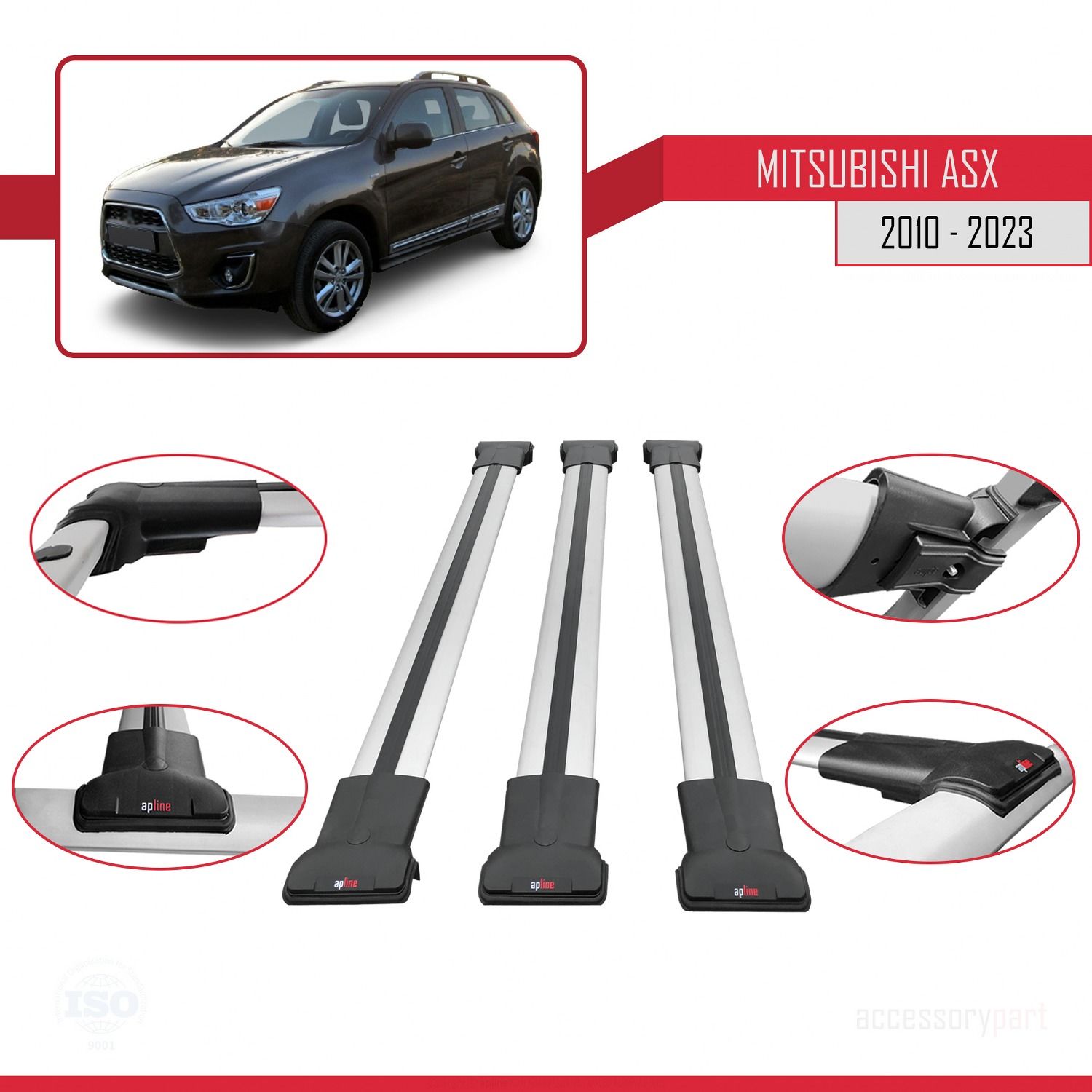 Mitsubishi ASX 2010-2023 Arası ile Uyumlu FLY Model Ara Atkı Tavan Barı GRİ 3 ADET BAR