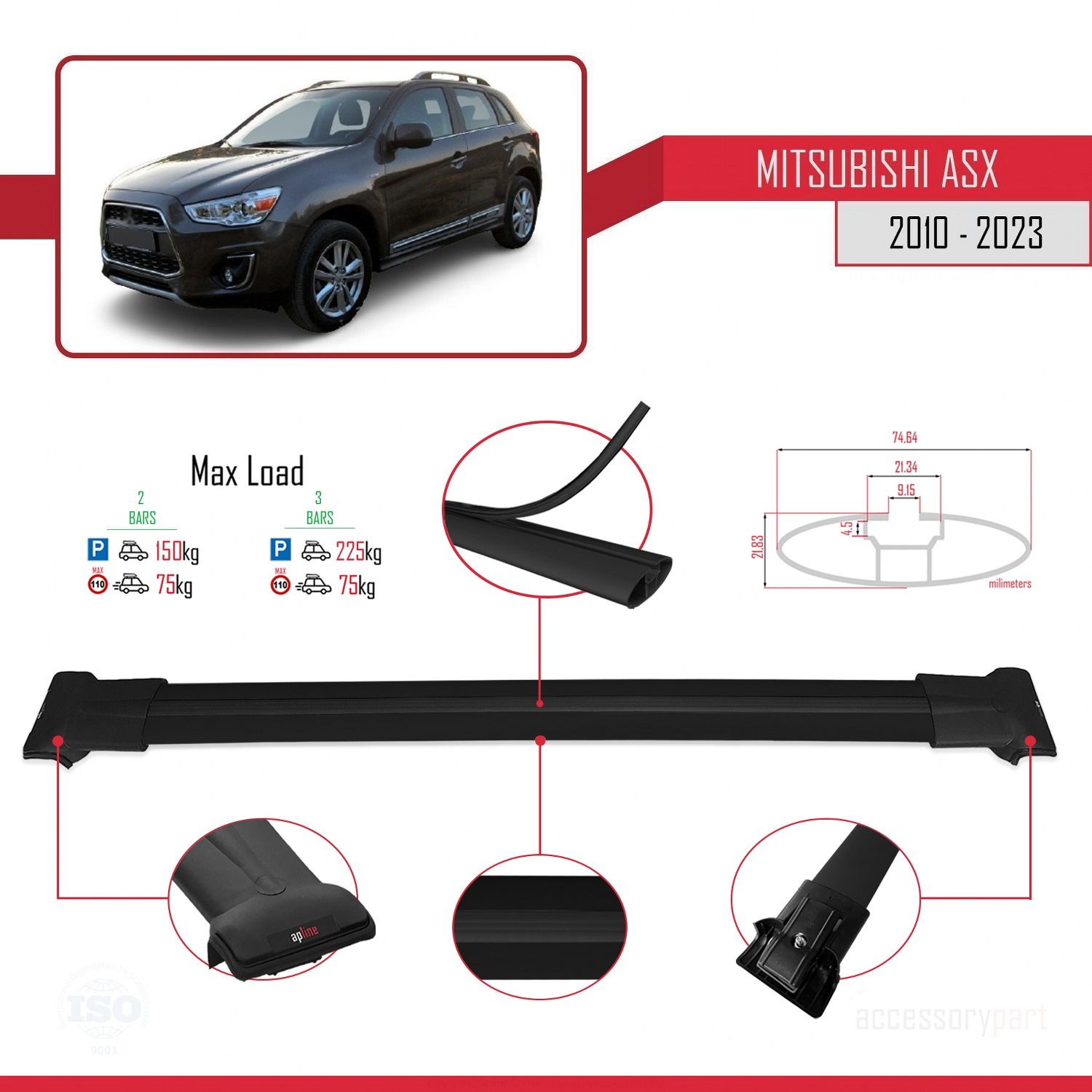 Mitsubishi ASX 2010-2023 Arası ile Uyumlu FLY Model Ara Atkı Tavan Barı SİYAH