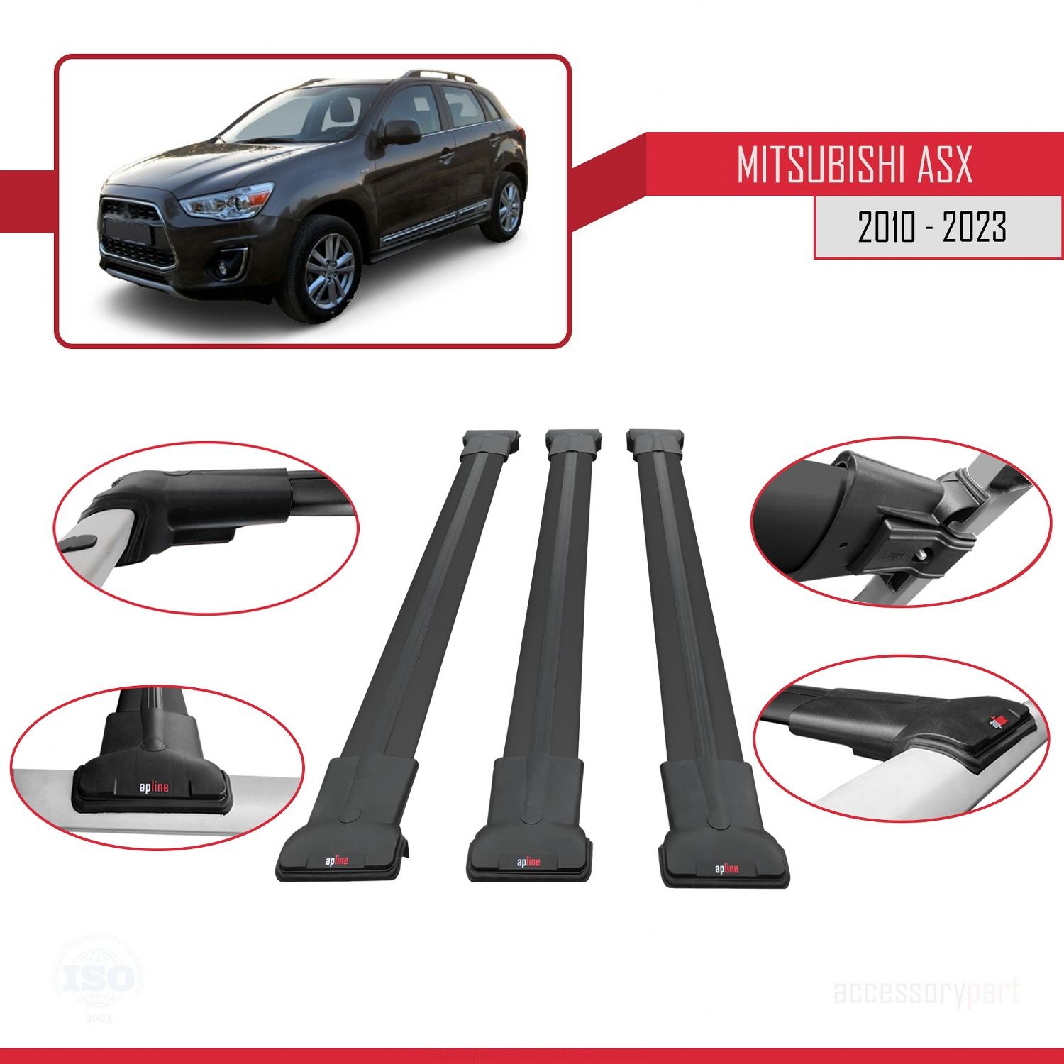 Mitsubishi ASX 2010-2023 Arası ile Uyumlu FLY Model Ara Atkı Tavan Barı SİYAH 3 ADET BAR
