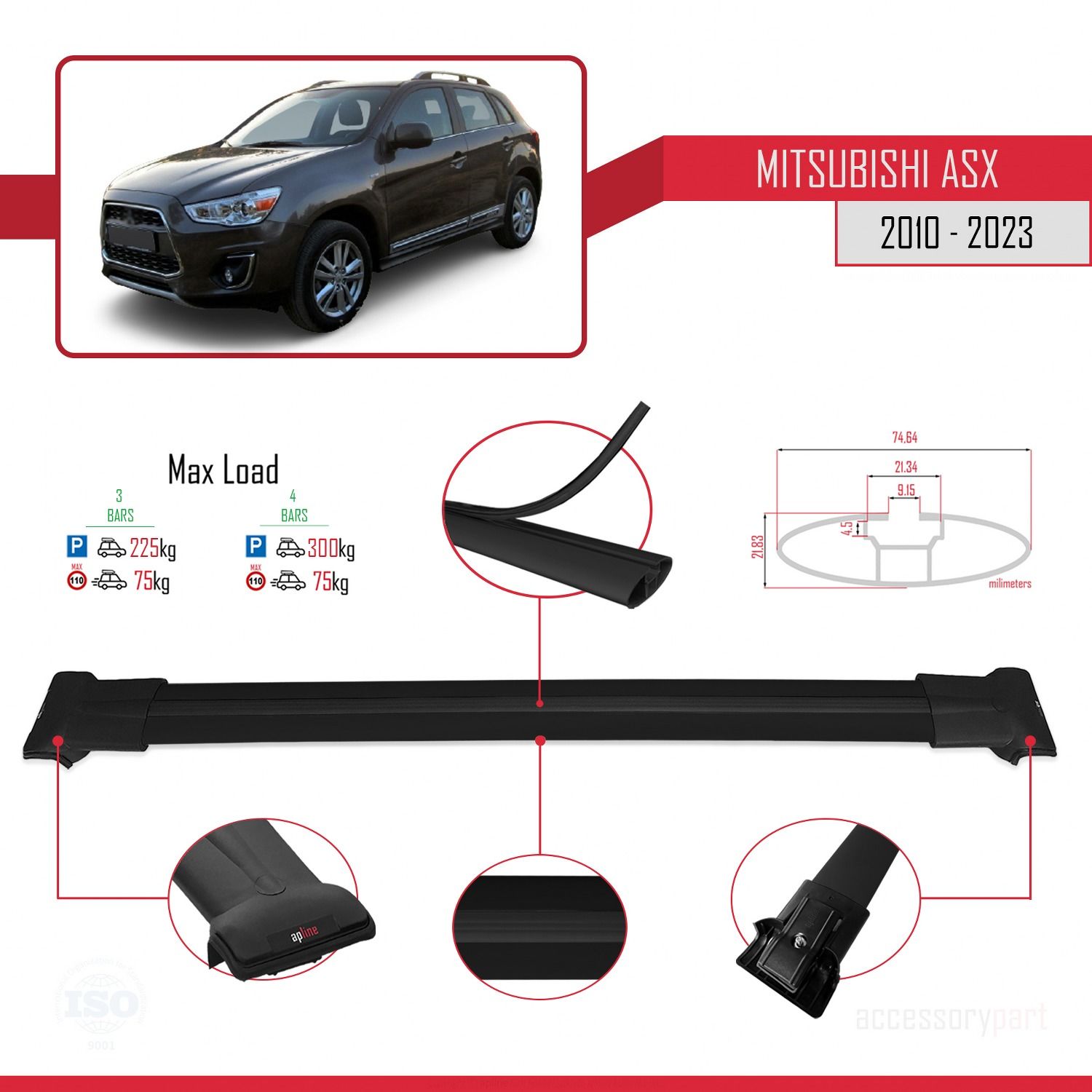 Mitsubishi ASX 2010-2023 Arası ile Uyumlu FLY Model Ara Atkı Tavan Barı SİYAH 3 ADET BAR
