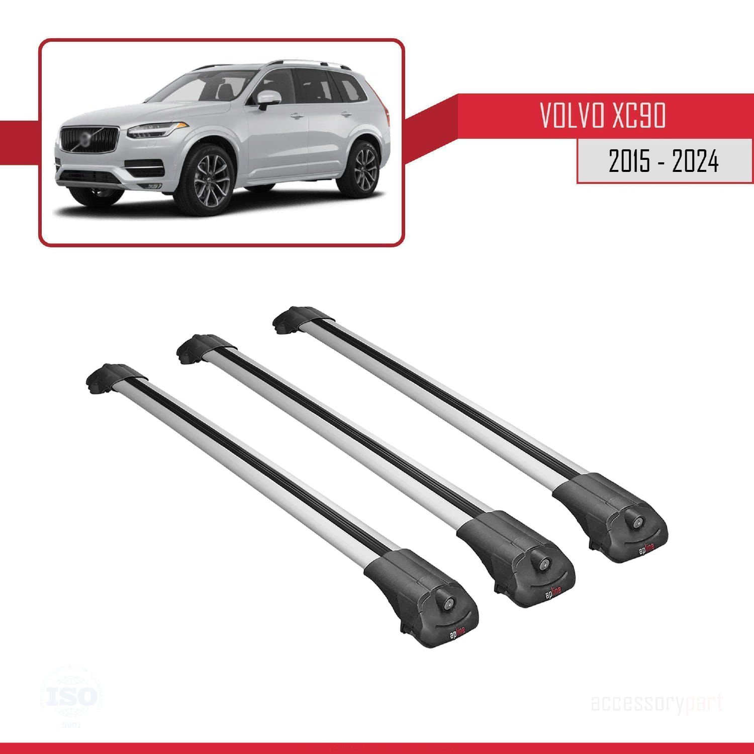 Volvo XC90 2015 ve Sonrası ile uyumlu ACE-1 Ara Atkı Tavan Barı GRİ 3 ADET BAR