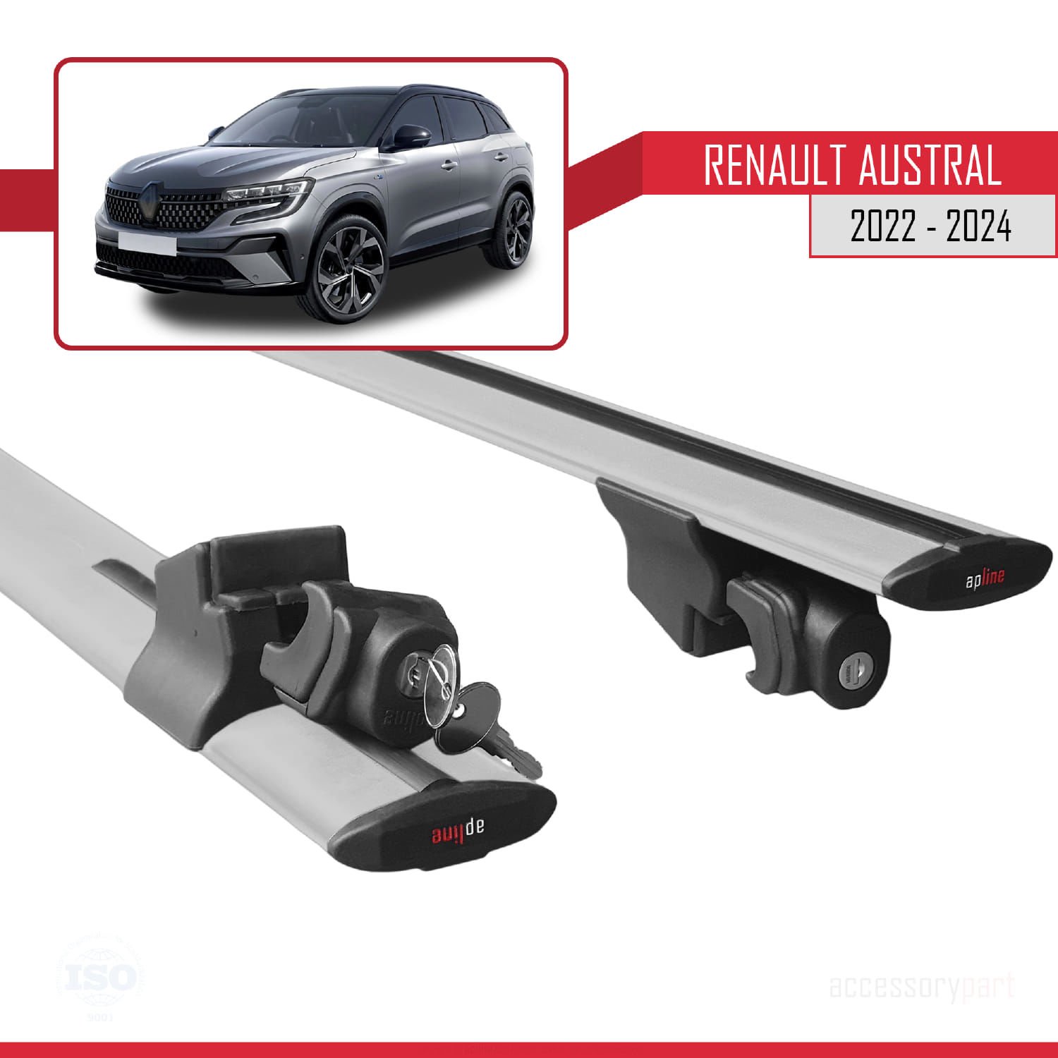 Renault Austral 2022 ve Sonrası ile uyumlu HOOK Model Anahtar Kilitli Ara Atkı Tavan Barı GRİ