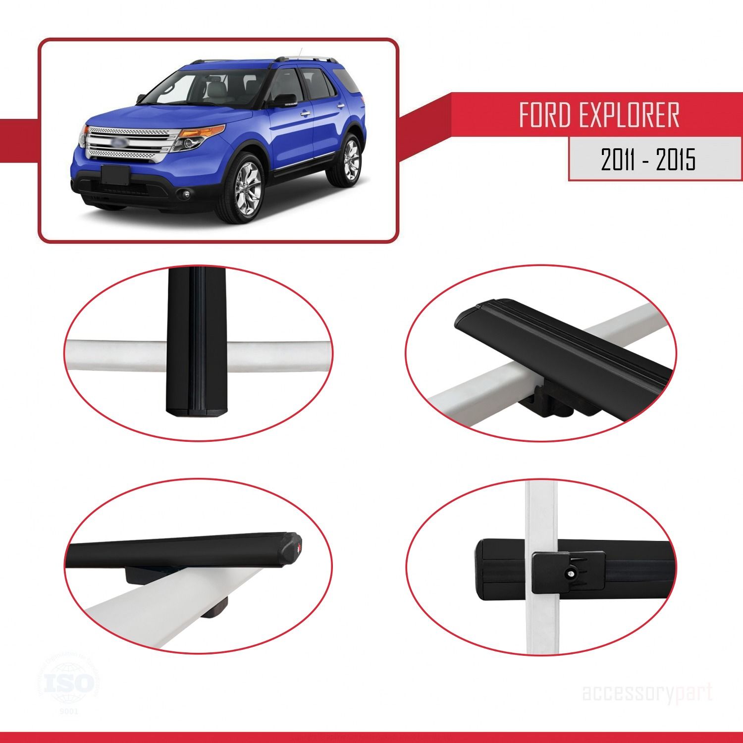 Ford Explorer 2011-2015 Arası ile uyumlu Basic Model Ara Atkı Tavan Barı SİYAH 3 ADET