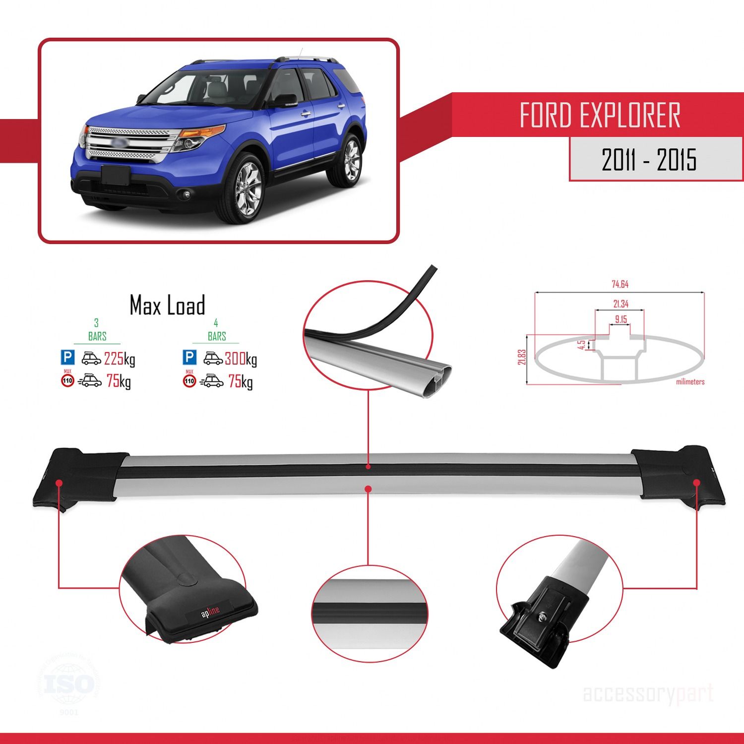 Ford Explorer 2011-2015 Arası ile uyumlu FLY Model Ara Atkı Tavan Barı GRİ 3 ADET BAR