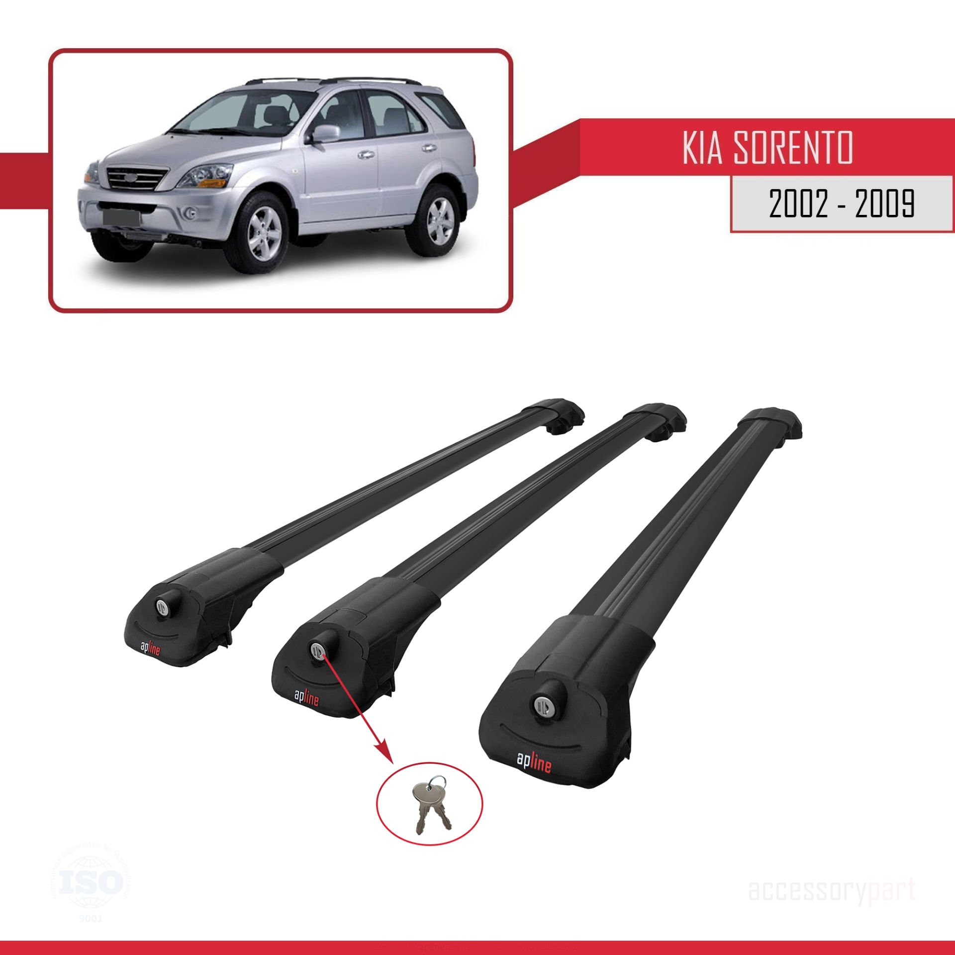 Kia Sorento 2002-2009 Arası ile uyumlu ACE-1 Ara Atkı Tavan Barı SİYAH 3 ADET BAR