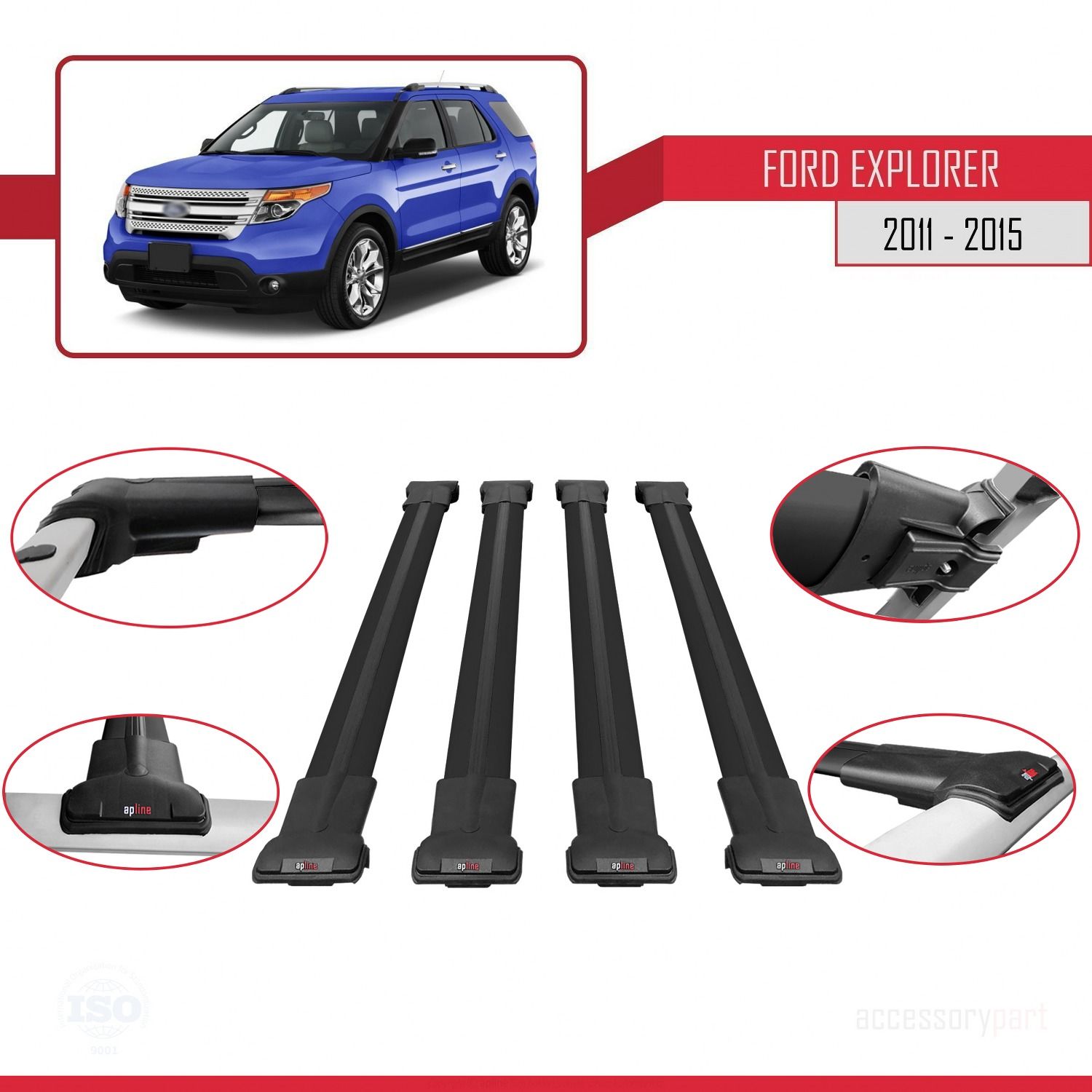 Ford Explorer 2011-2015 Arası ile uyumlu FLY Model Ara Atkı Tavan Barı SİYAH 4 ADET BAR